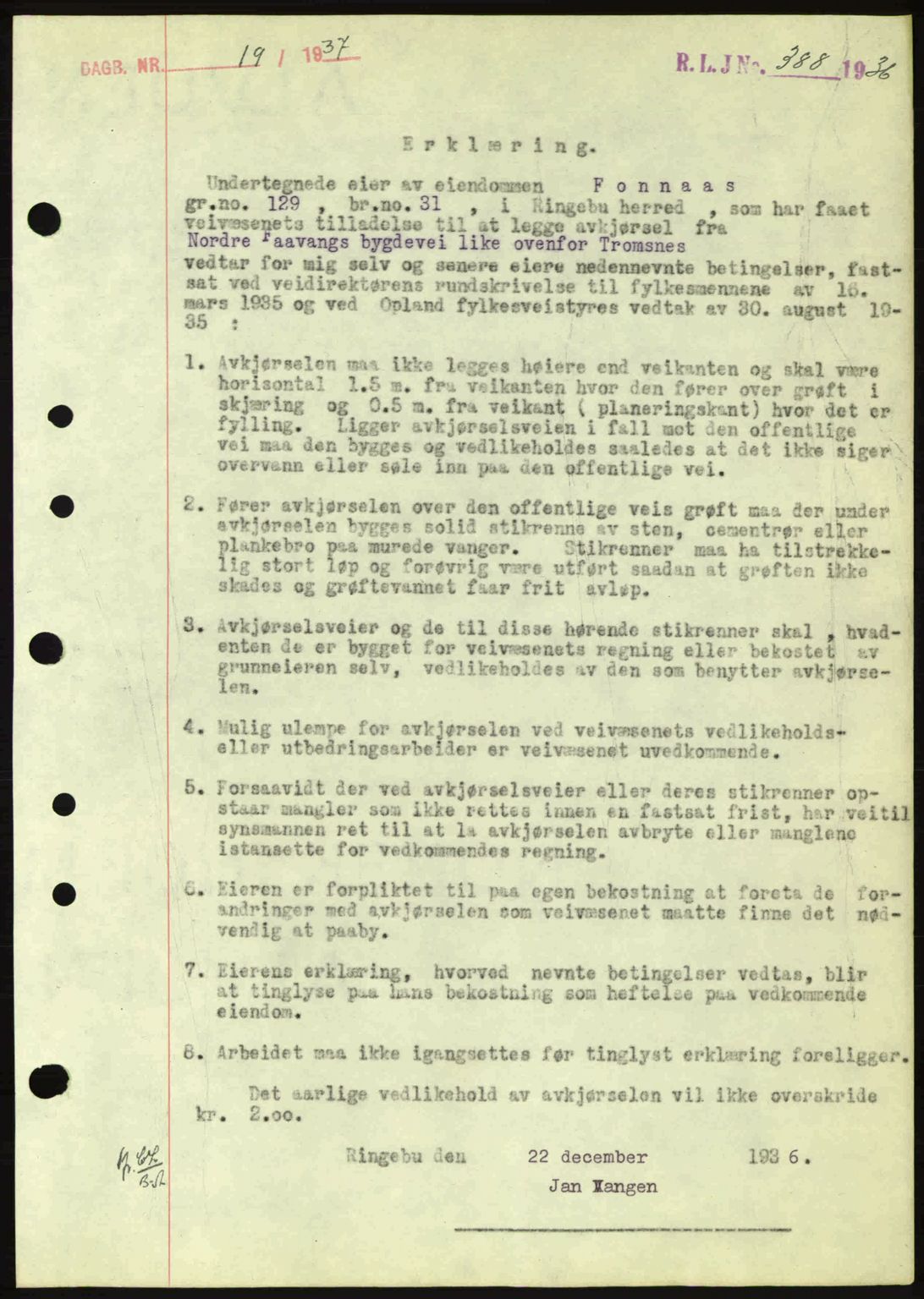 Sør-Gudbrandsdal tingrett, SAH/TING-004/H/Hb/Hbd/L0002: Pantebok nr. A2, 1936-1937, Dagboknr: 19/1937