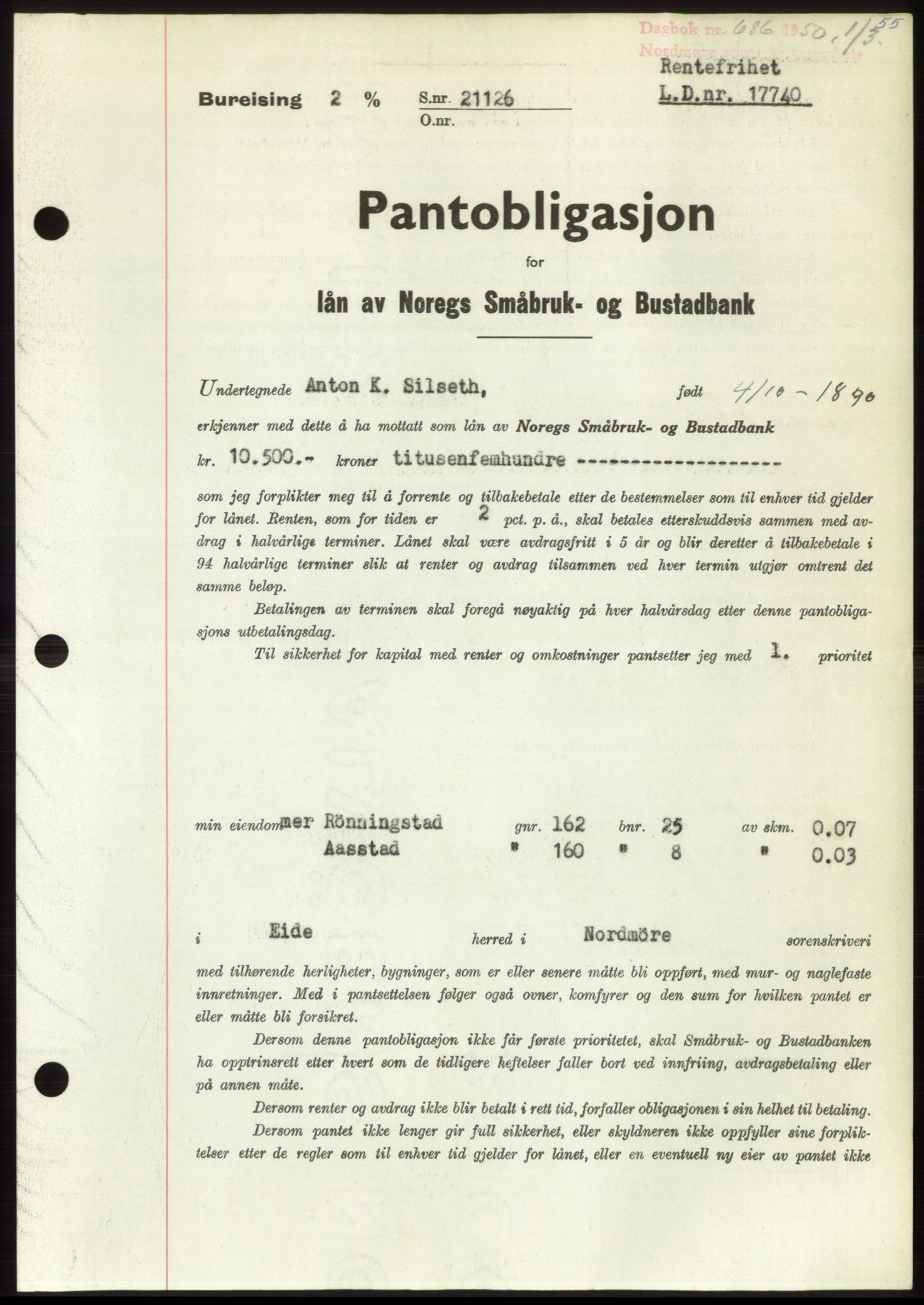 Nordmøre sorenskriveri, SAT/A-4132/1/2/2Ca: Pantebok nr. B104, 1950-1950, Dagboknr: 686/1950