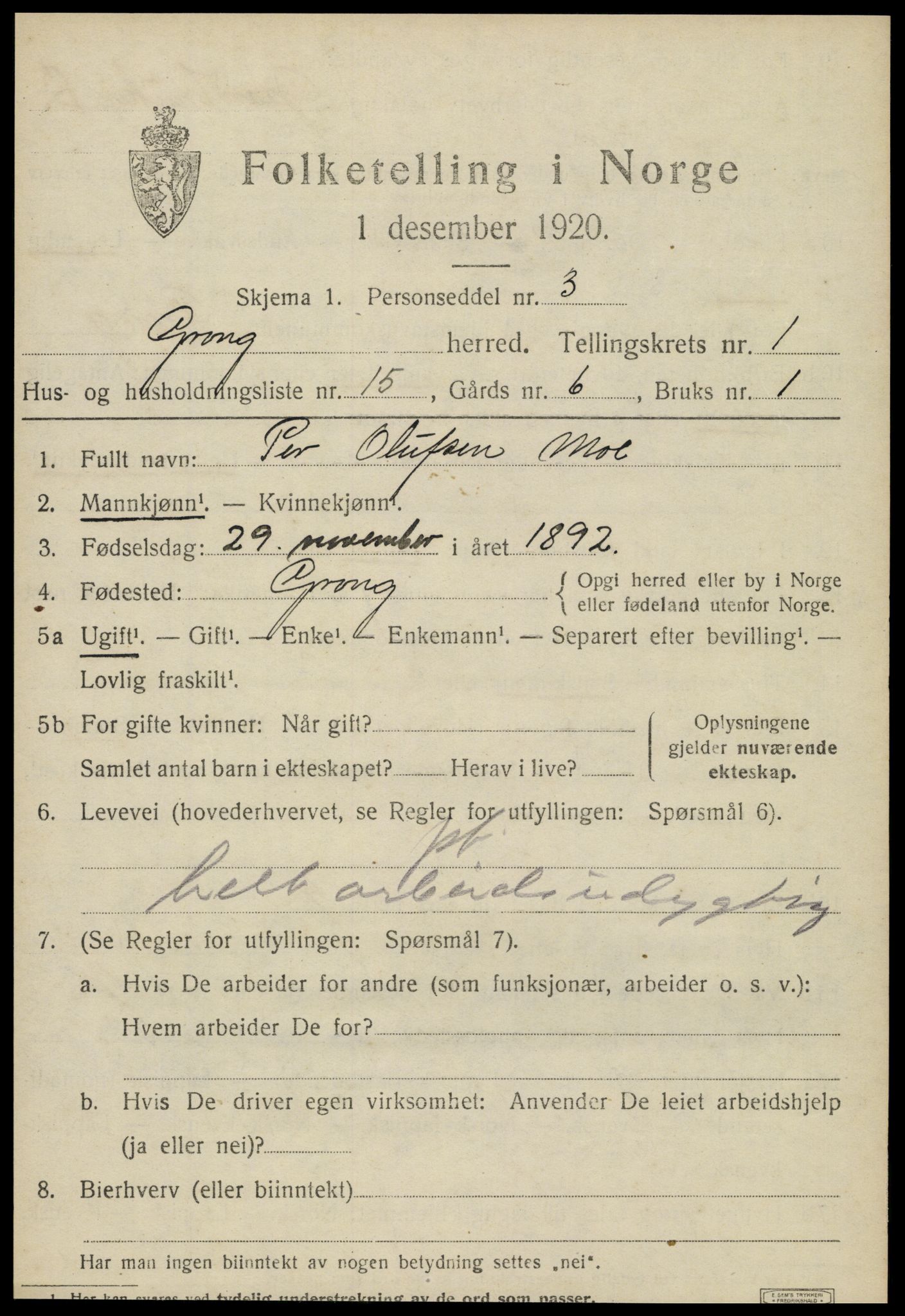 SAT, Folketelling 1920 for 1742 Grong herred, 1920, s. 1205