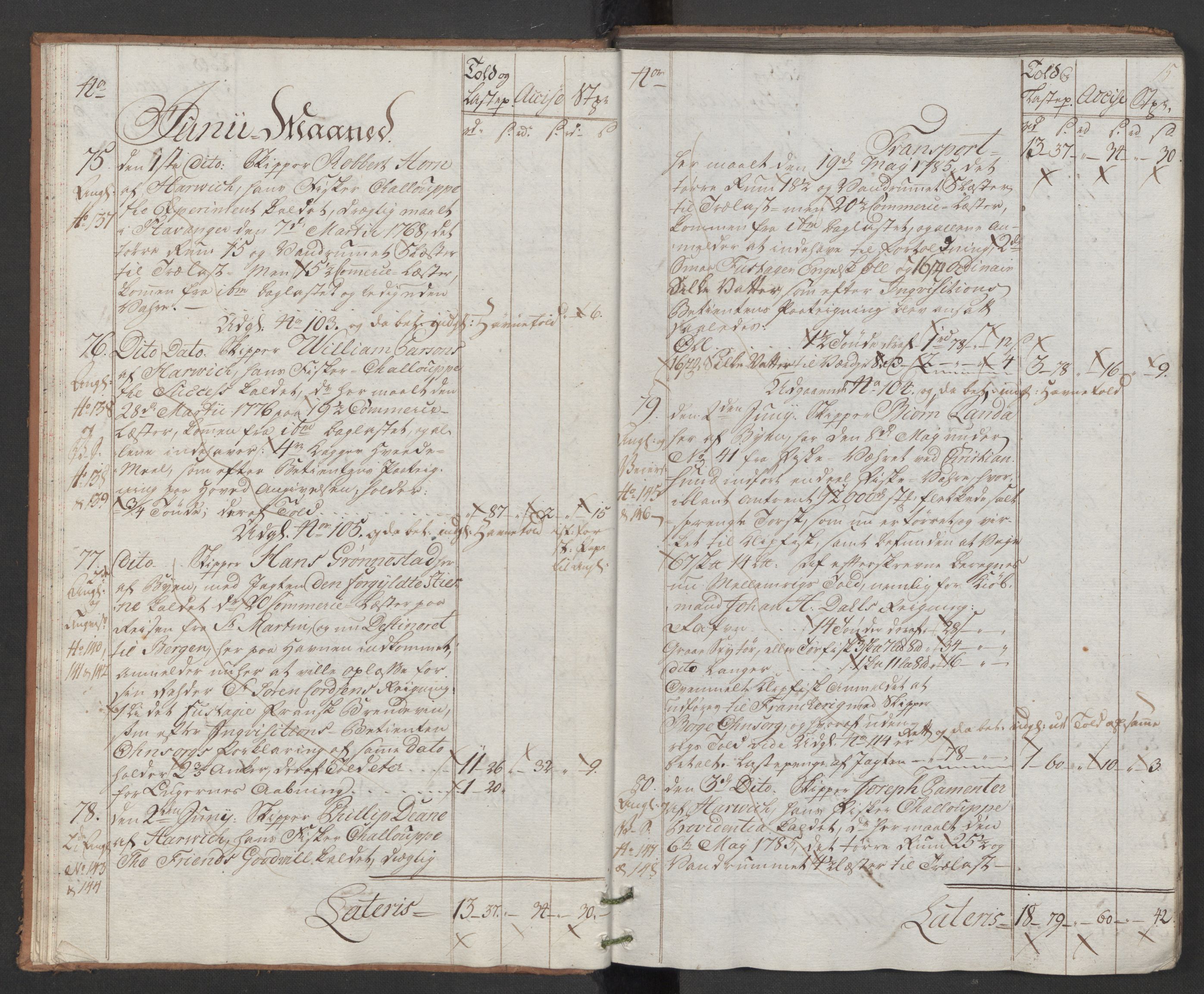 Generaltollkammeret, tollregnskaper, AV/RA-EA-5490/R22/L0048/0001: Tollregnskaper Stavanger / Hovedtollbok, 1786, s. 14b-15a