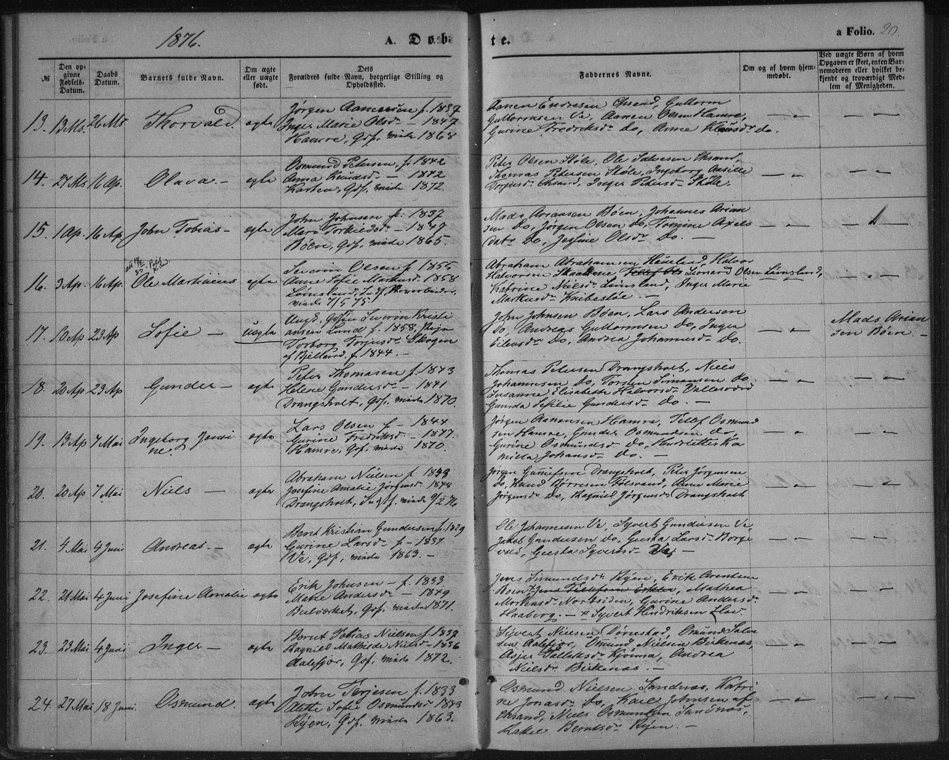 Tveit sokneprestkontor, AV/SAK-1111-0043/F/Fa/L0006: Ministerialbok nr. A 6, 1872-1886, s. 20