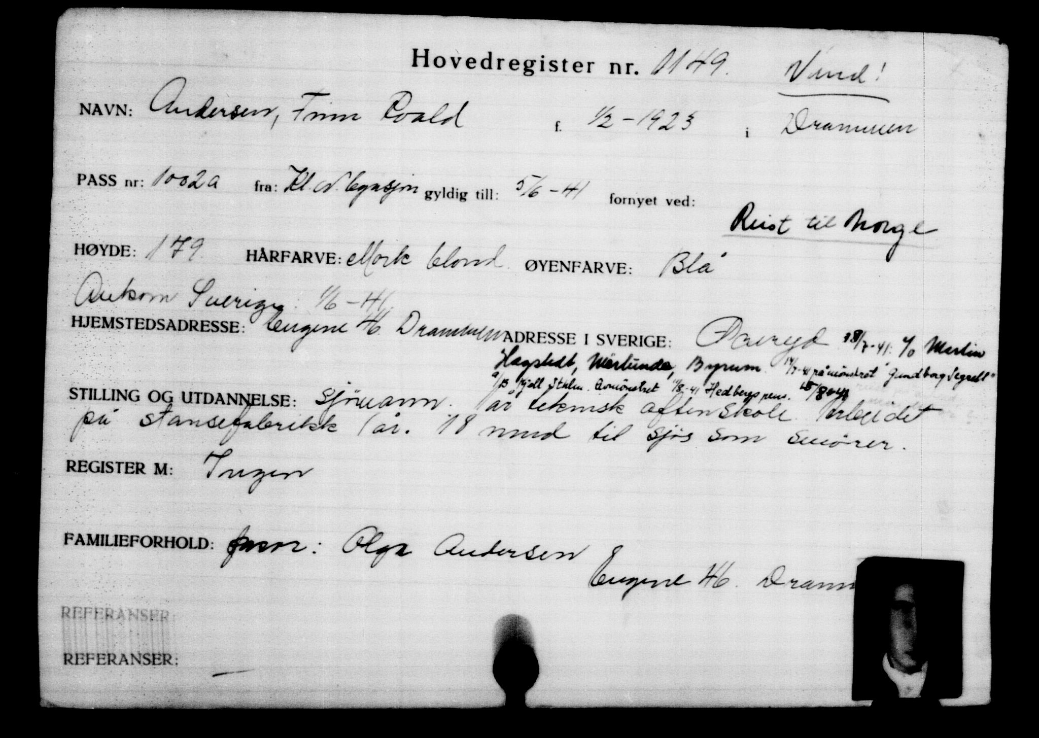 Utenriksstasjonene, Legasjonen i Stockholm, Flyktningkontoret, AV/RA-S-6753/V/Va/L0002: Kjesäterkartoteket, flyktninger med registreringsnr. 1001-2000, 1940-1945, s. 235
