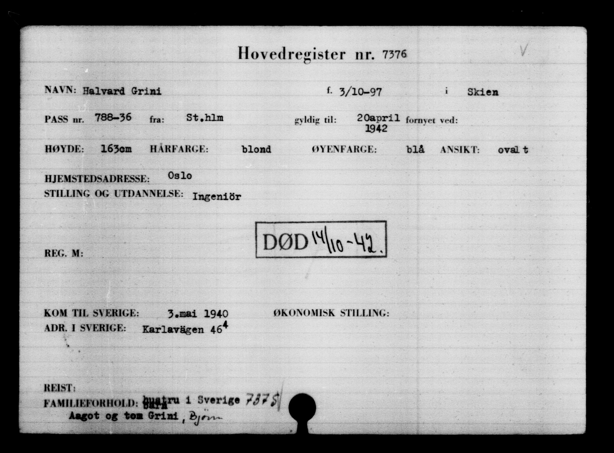 Utenriksstasjonene, Legasjonen i Stockholm, Flyktningkontoret, AV/RA-S-6753/V/Va/L0005: Kjesäterkartoteket, flyktning nr. 6600-9417, 1940-1945, s. 911