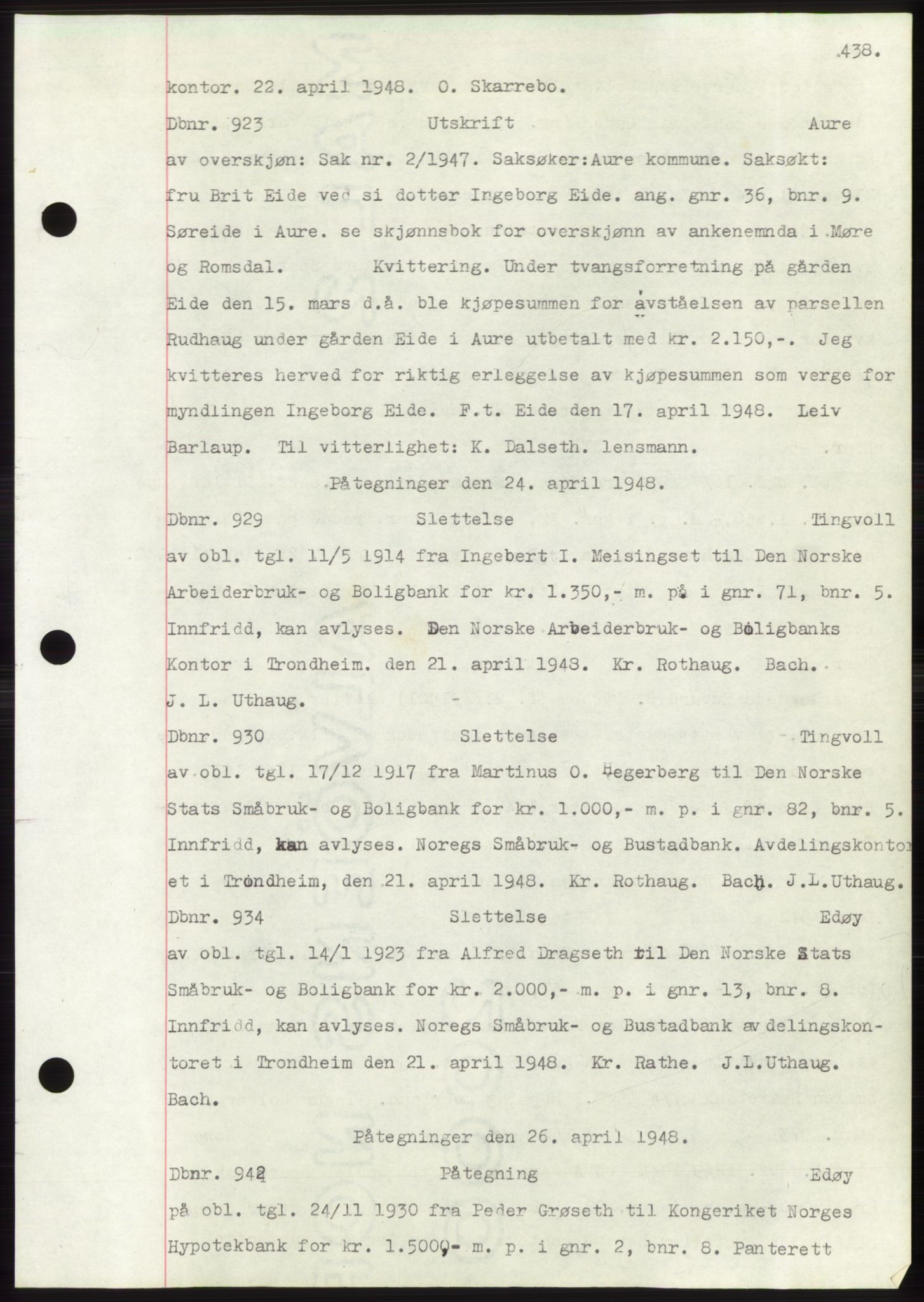 Nordmøre sorenskriveri, SAT/A-4132/1/2/2Ca: Pantebok nr. C82b, 1946-1951, Dagboknr: 923/1948