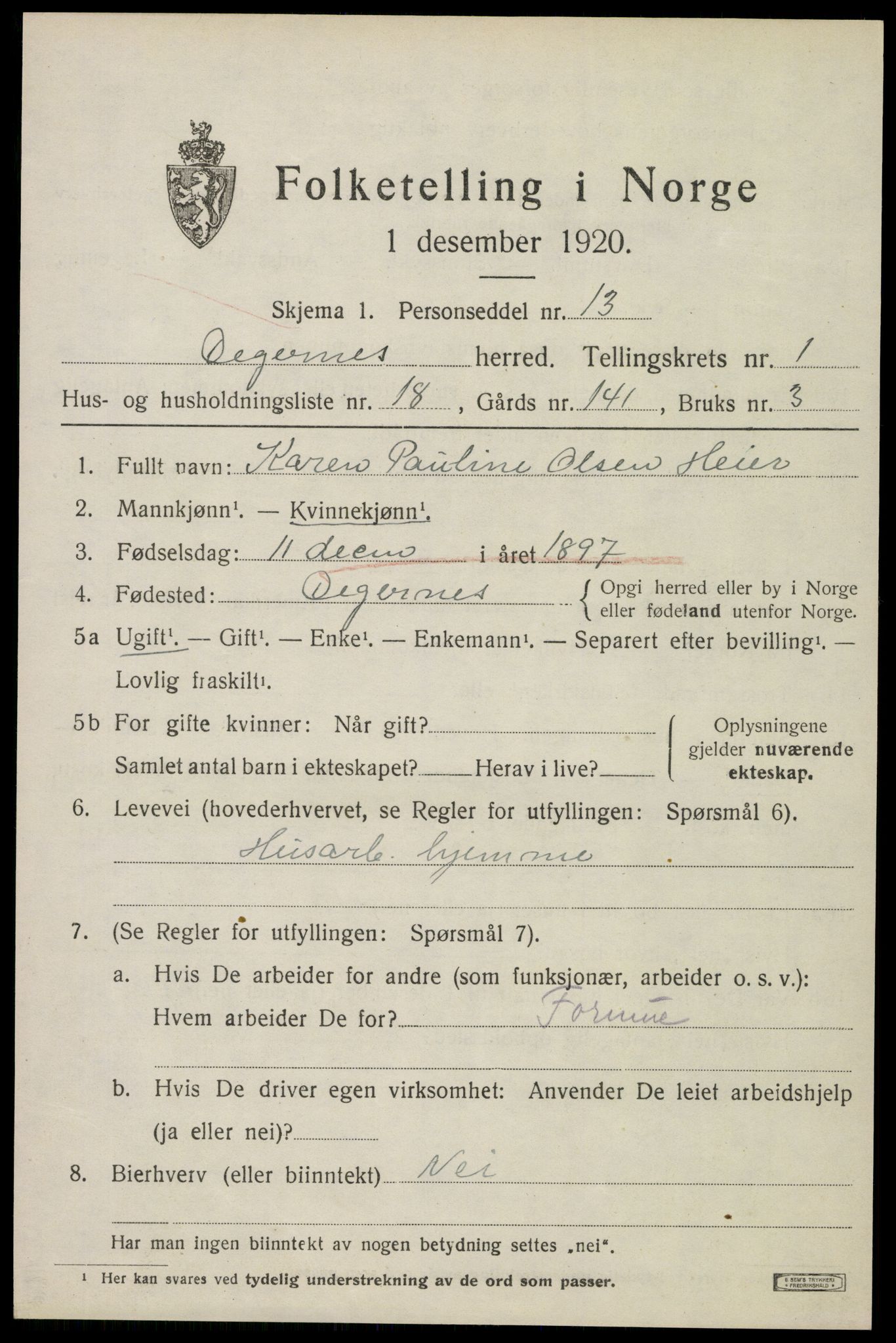 SAO, Folketelling 1920 for 0129 Degernes herred, 1920, s. 870