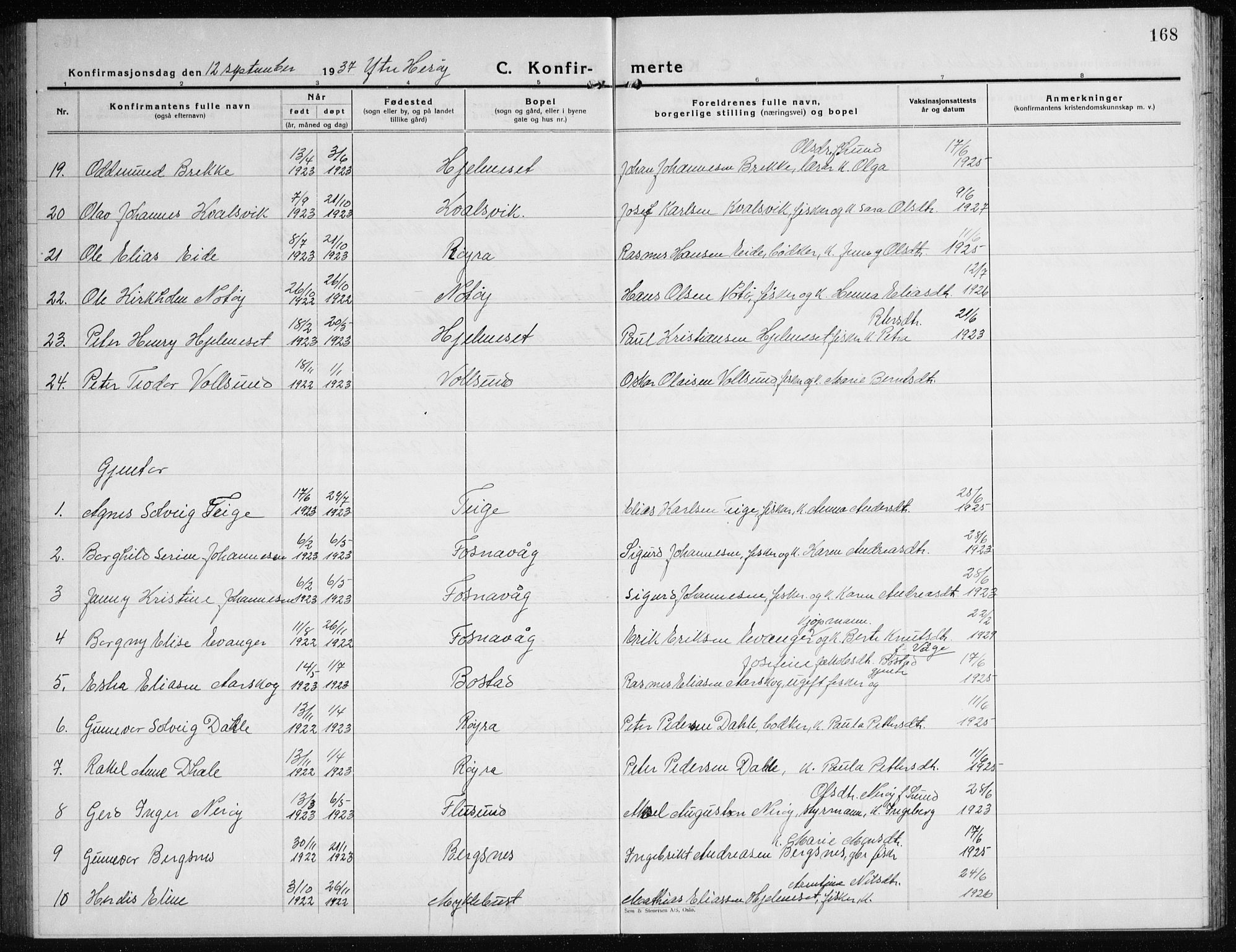 Ministerialprotokoller, klokkerbøker og fødselsregistre - Møre og Romsdal, SAT/A-1454/507/L0085: Klokkerbok nr. 507C08, 1933-1944, s. 168