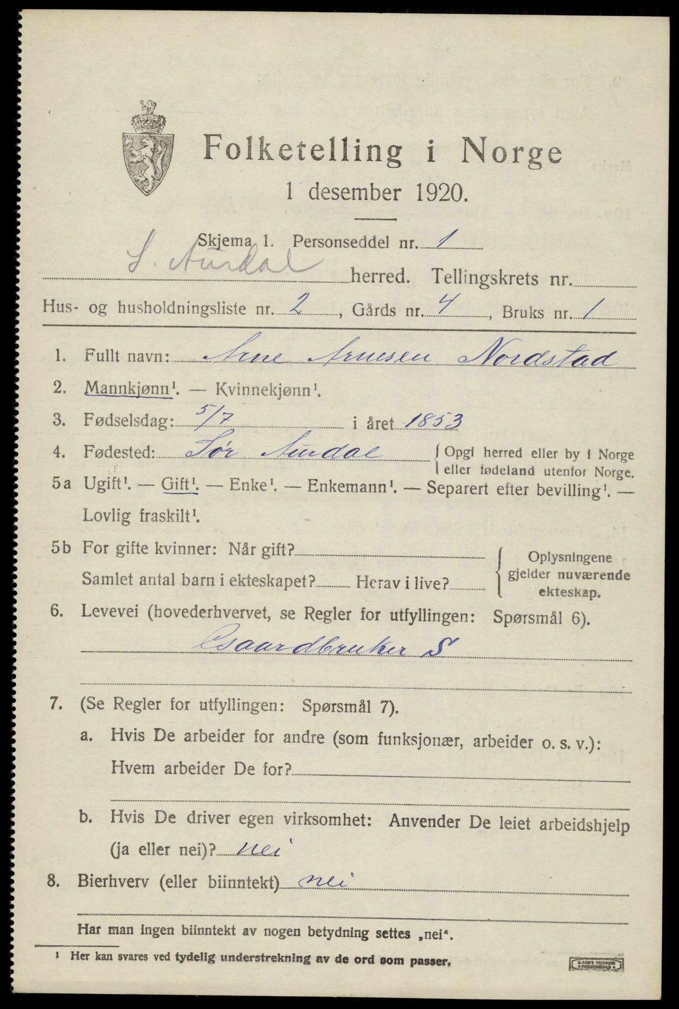 SAH, Folketelling 1920 for 0540 Sør-Aurdal herred, 1920, s. 1719