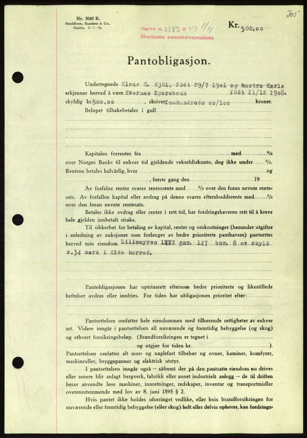 Nordmøre sorenskriveri, AV/SAT-A-4132/1/2/2Ca: Pantebok nr. B91, 1943-1944, Dagboknr: 2383/1943