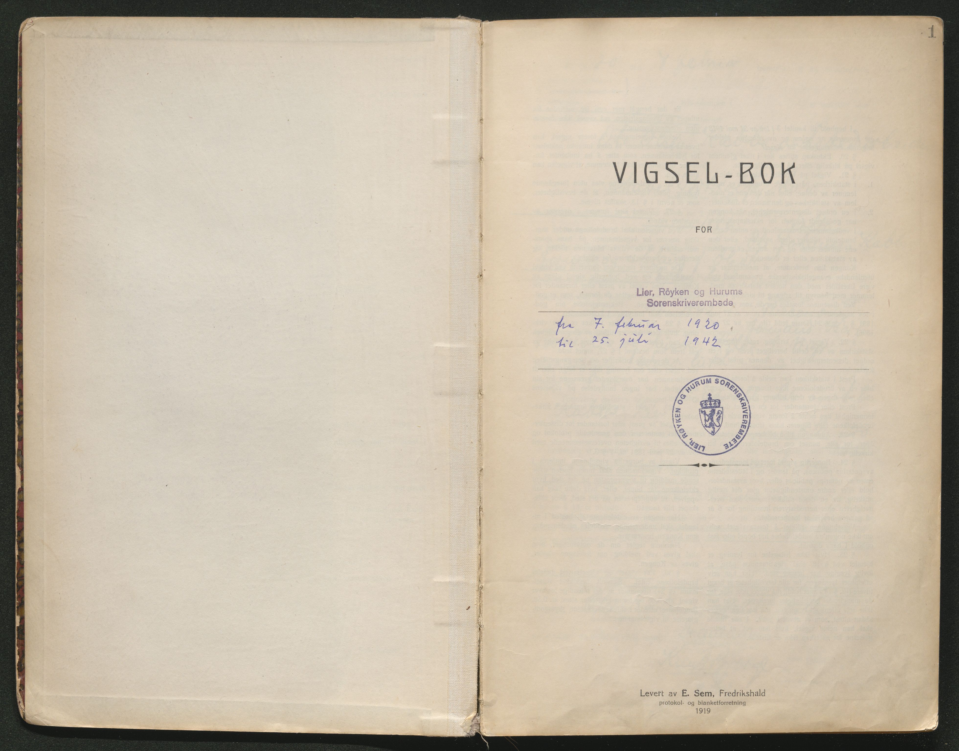 Lier, Røyken og Hurum sorenskriveri, SAKO/A-89/L/Lc/L0001: Vigselprotokoll, 1920-1942, s. 1