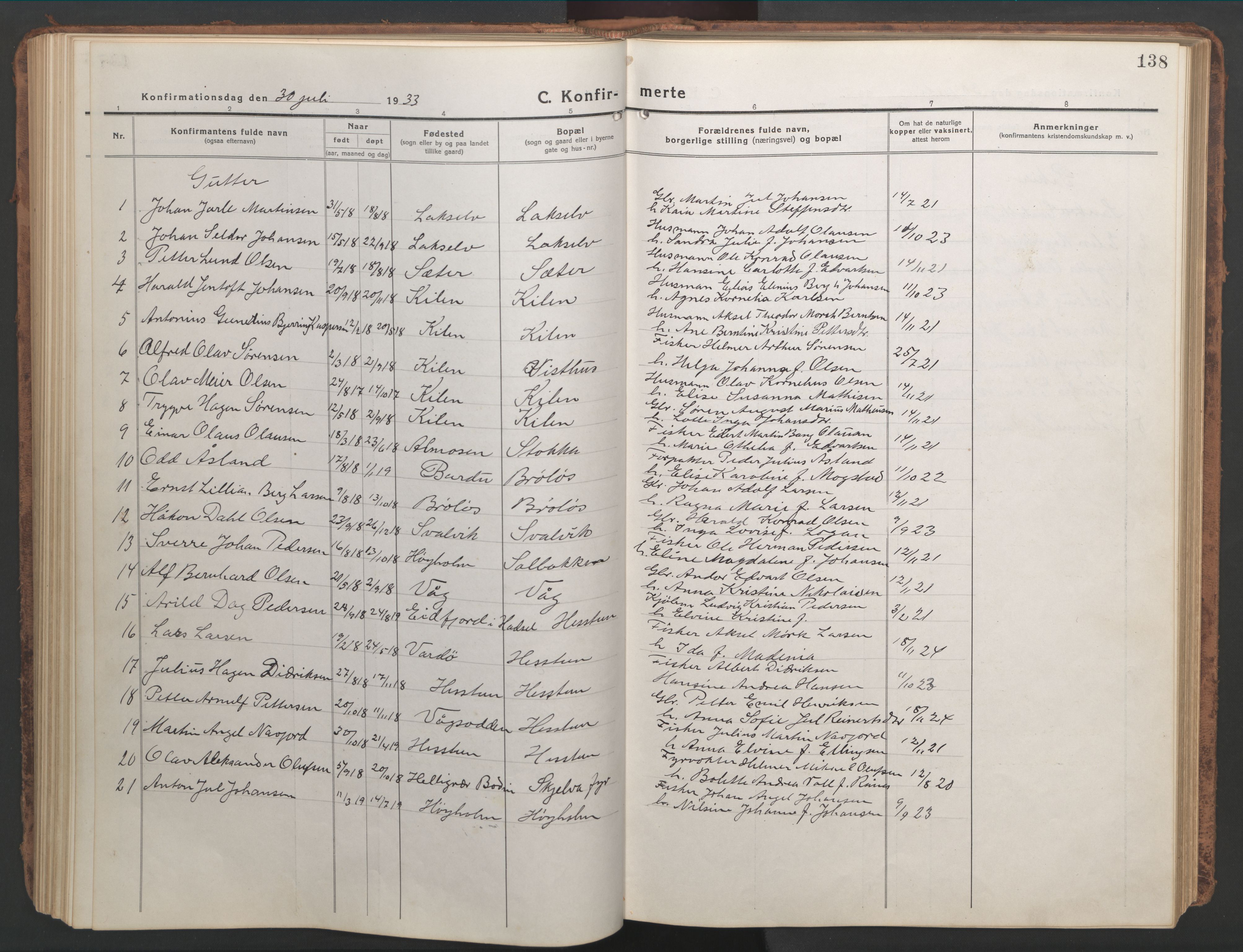 Ministerialprotokoller, klokkerbøker og fødselsregistre - Nordland, AV/SAT-A-1459/819/L0278: Klokkerbok nr. 819C04, 1917-1967, s. 138