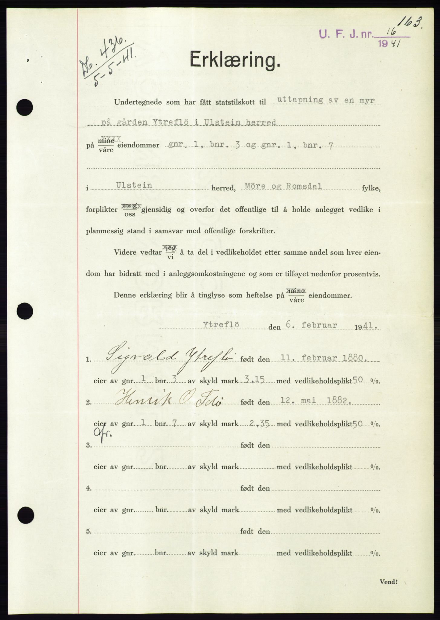 Søre Sunnmøre sorenskriveri, AV/SAT-A-4122/1/2/2C/L0071: Pantebok nr. 65, 1941-1941, Dagboknr: 436/1941