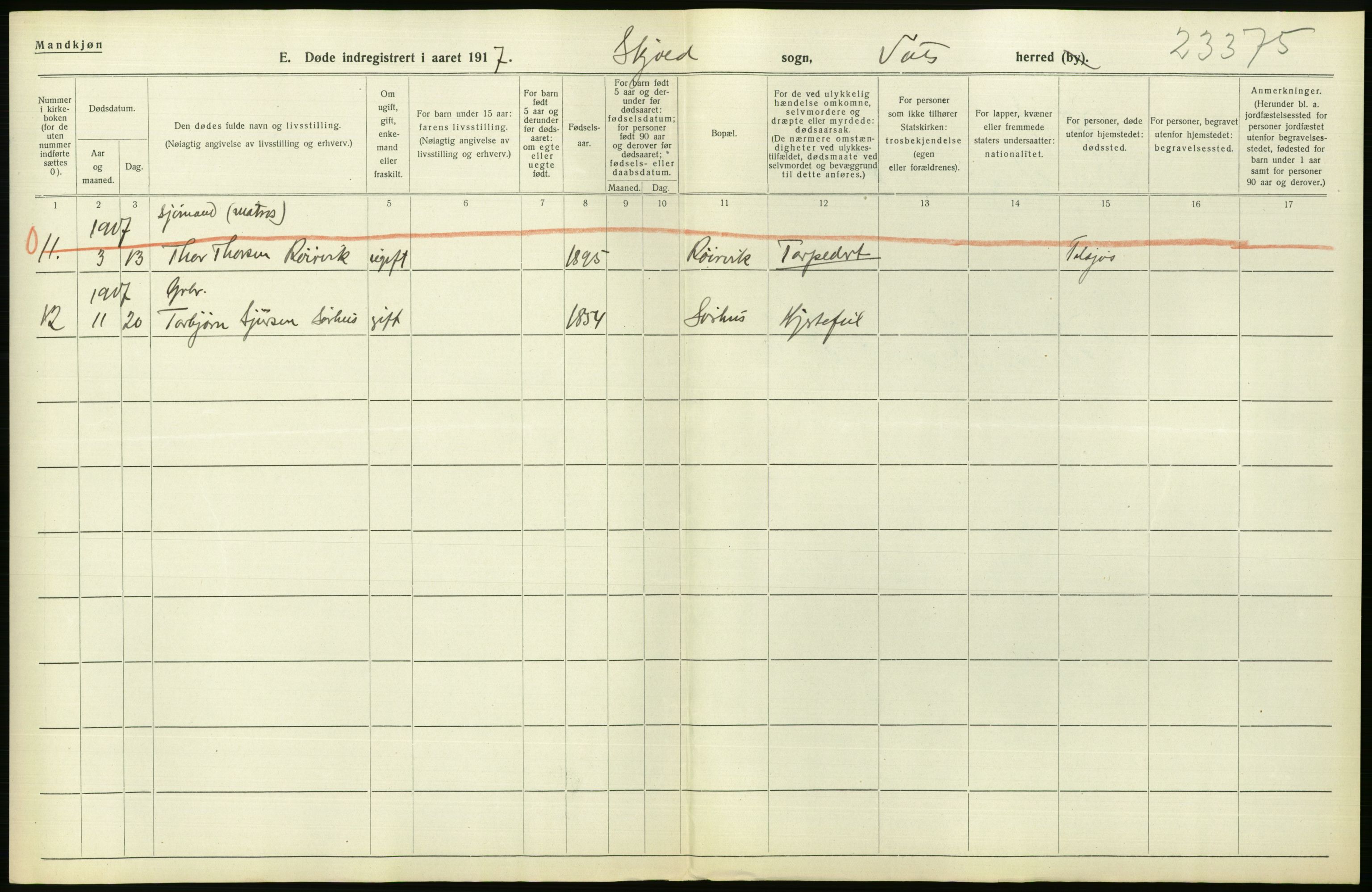 Statistisk sentralbyrå, Sosiodemografiske emner, Befolkning, RA/S-2228/D/Df/Dfb/Dfbg/L0033: Stavanger amt: Døde, dødfødte. Bygder og byer., 1917, s. 168