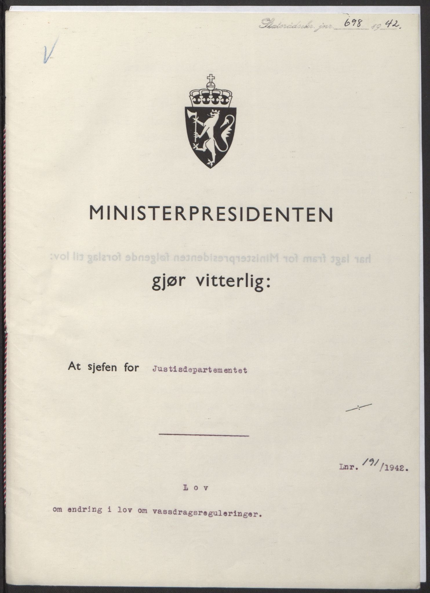 NS-administrasjonen 1940-1945 (Statsrådsekretariatet, de kommisariske statsråder mm), AV/RA-S-4279/D/Db/L0098: Lover II, 1942, s. 369