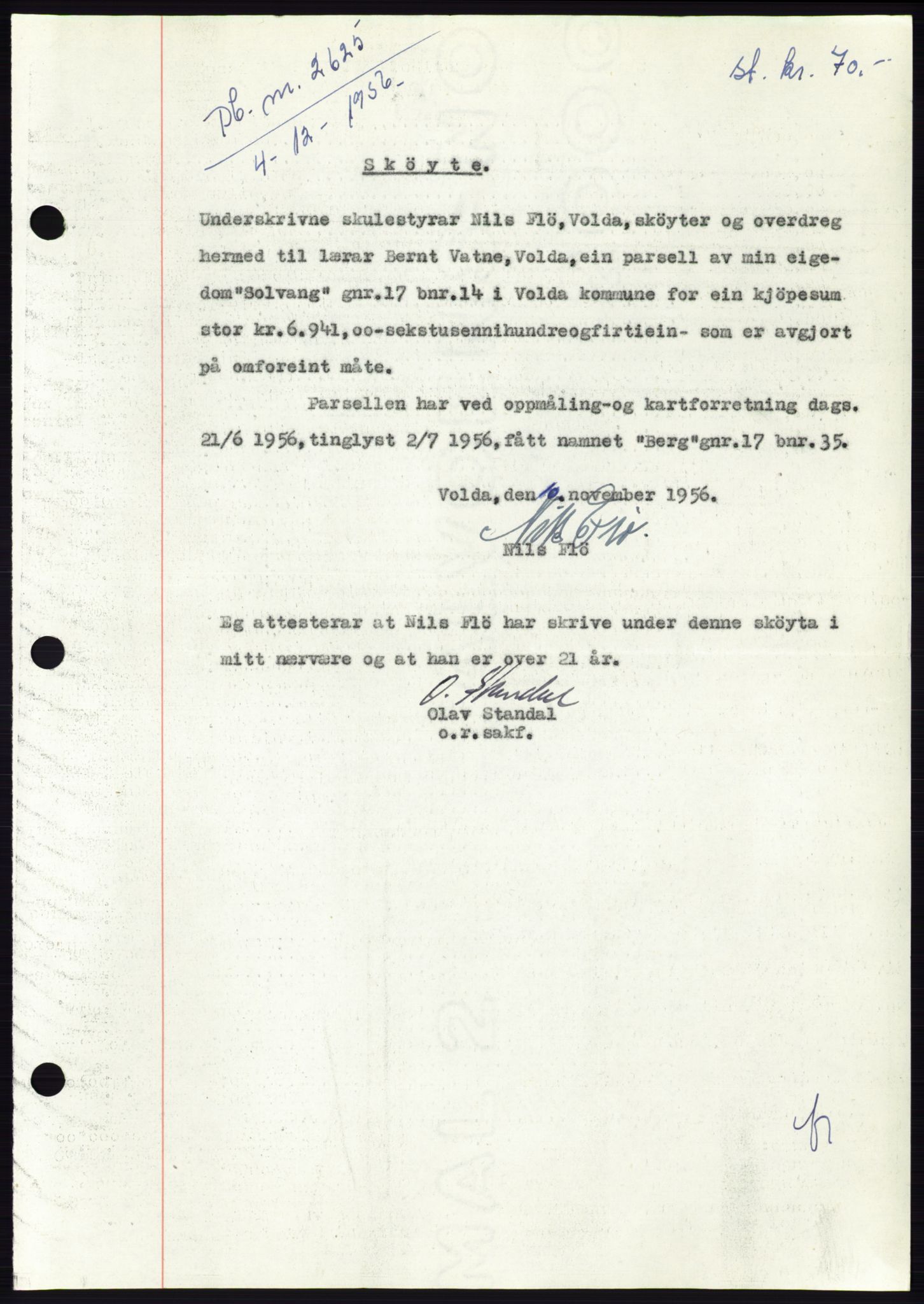 Søre Sunnmøre sorenskriveri, AV/SAT-A-4122/1/2/2C/L0105: Pantebok nr. 31A, 1956-1957, Dagboknr: 2625/1956