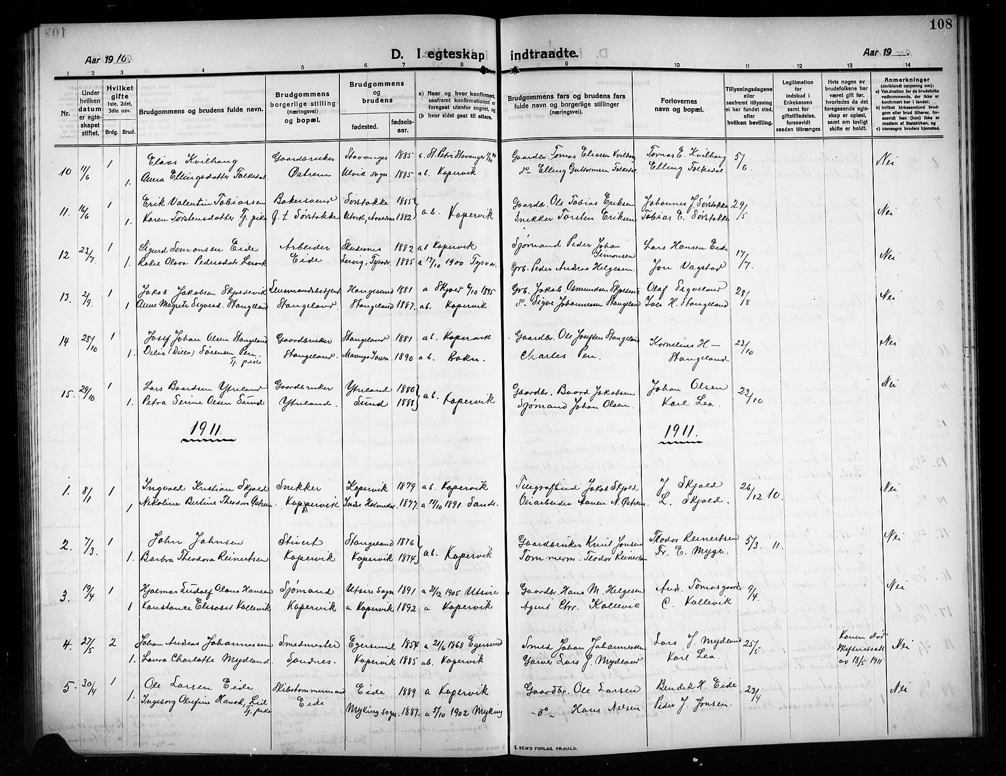 Kopervik sokneprestkontor, SAST/A-101850/H/Ha/Hab/L0005: Klokkerbok nr. B 5, 1909-1918, s. 108