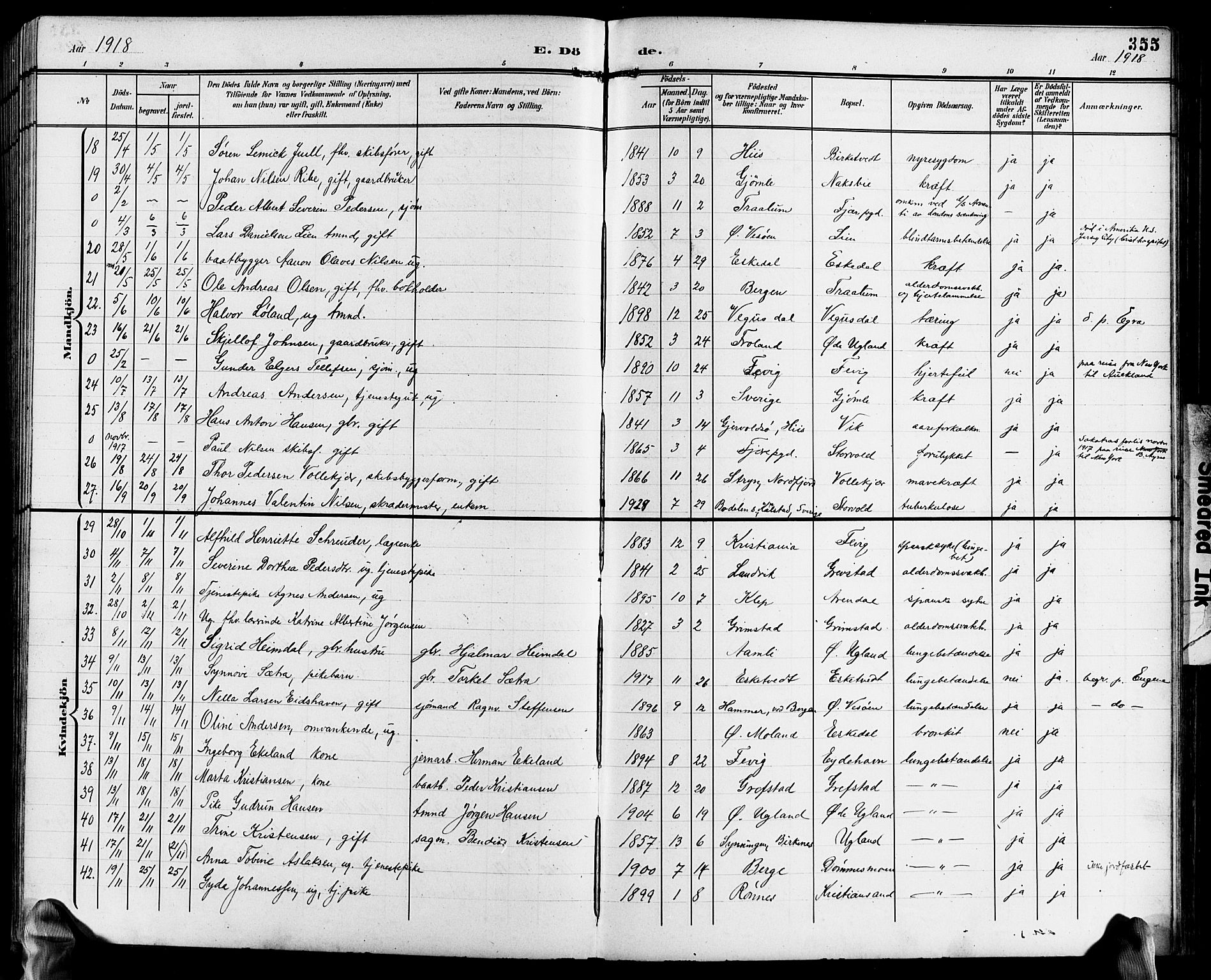 Fjære sokneprestkontor, AV/SAK-1111-0011/F/Fb/L0012: Klokkerbok nr. B 12, 1902-1925, s. 355