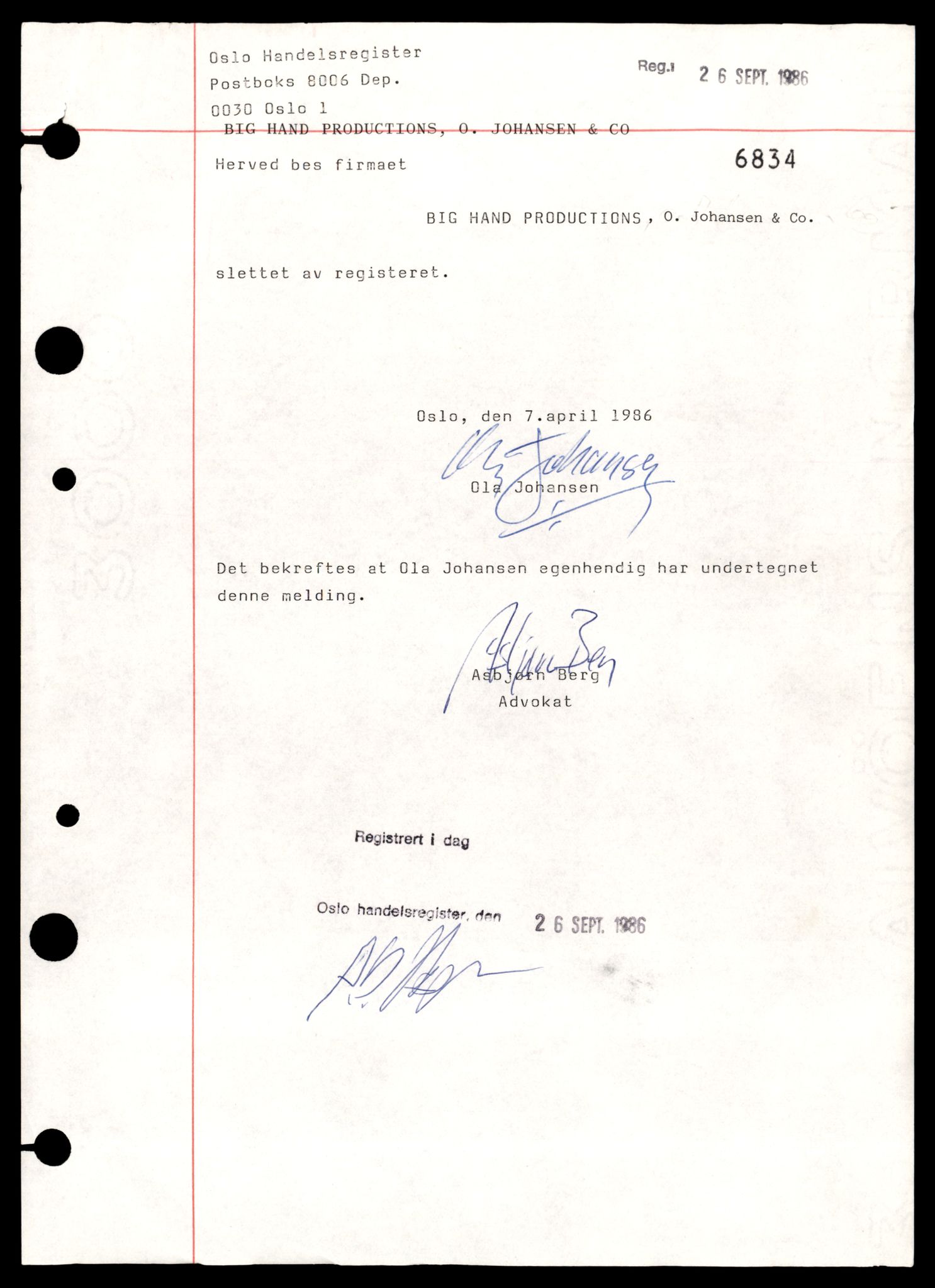 Oslo byfogd, Handelsregisteret, AV/SAT-A-10867/G/Gb/Gbb/L0083: Registreringsmeldinger, Bi-Cl, 1986, s. 1