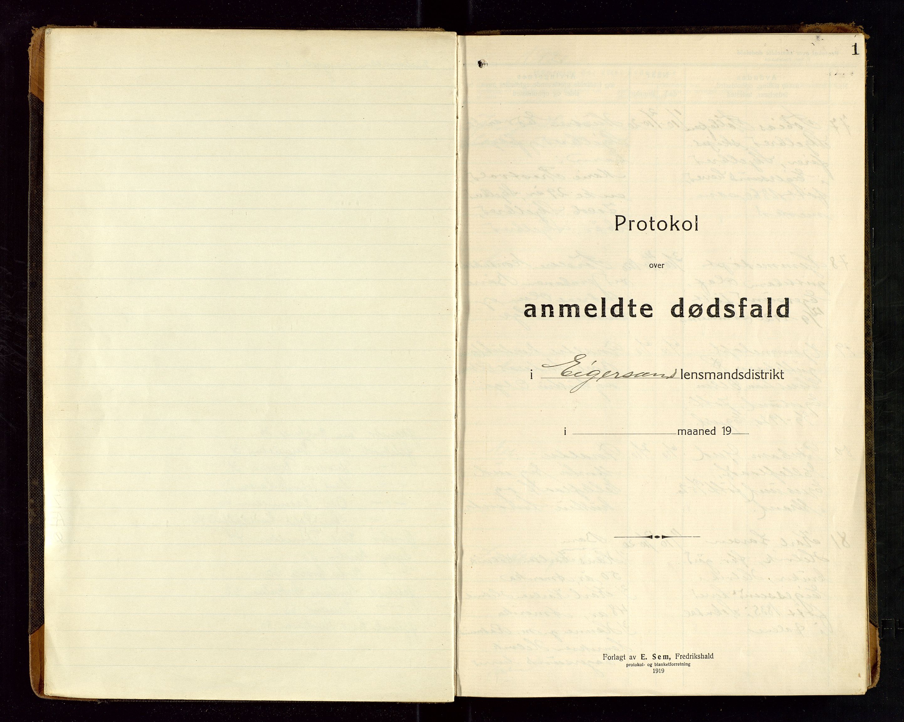 Eigersund lensmannskontor, AV/SAST-A-100171/Gga/L0008: "Protokol over anmeldte dødsfald" m/alfabetisk navneregister, 1920-1922, s. 1