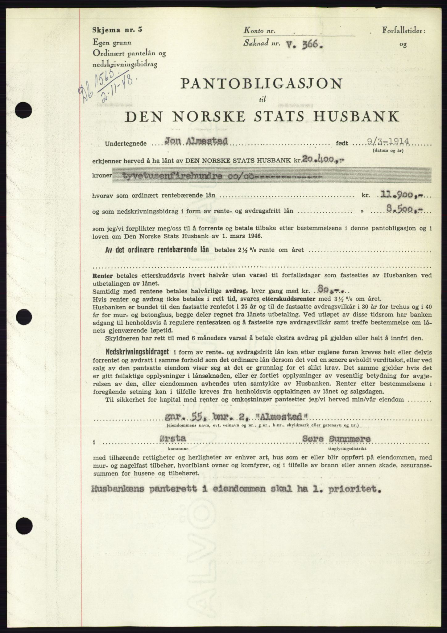 Søre Sunnmøre sorenskriveri, SAT/A-4122/1/2/2C/L0116: Pantebok nr. 4B, 1948-1949, Dagboknr: 1565/1948