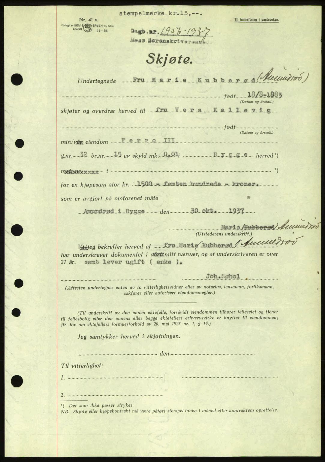 Moss sorenskriveri, SAO/A-10168: Pantebok nr. A3, 1937-1938, Dagboknr: 1956/1937