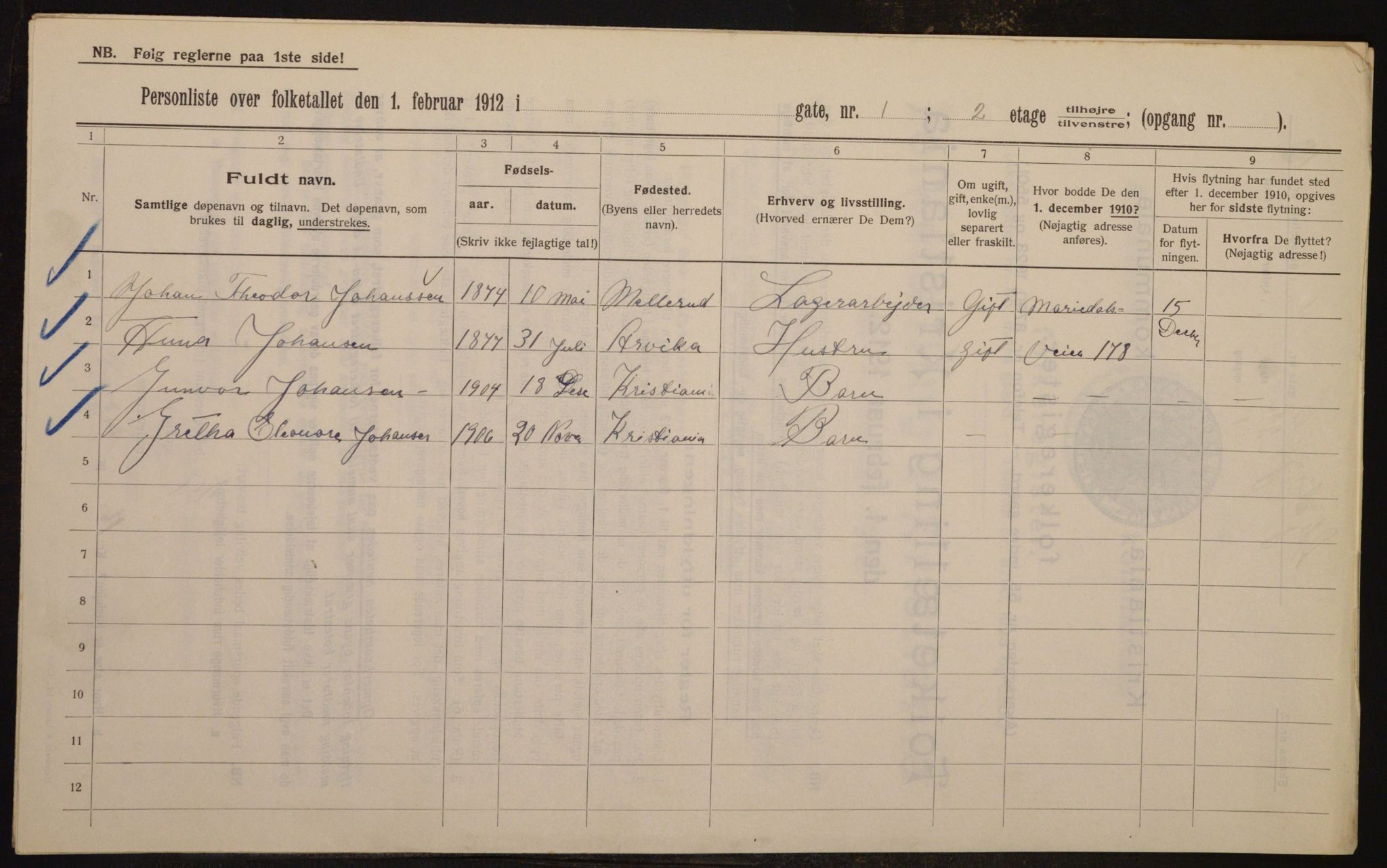 OBA, Kommunal folketelling 1.2.1912 for Kristiania, 1912, s. 96454