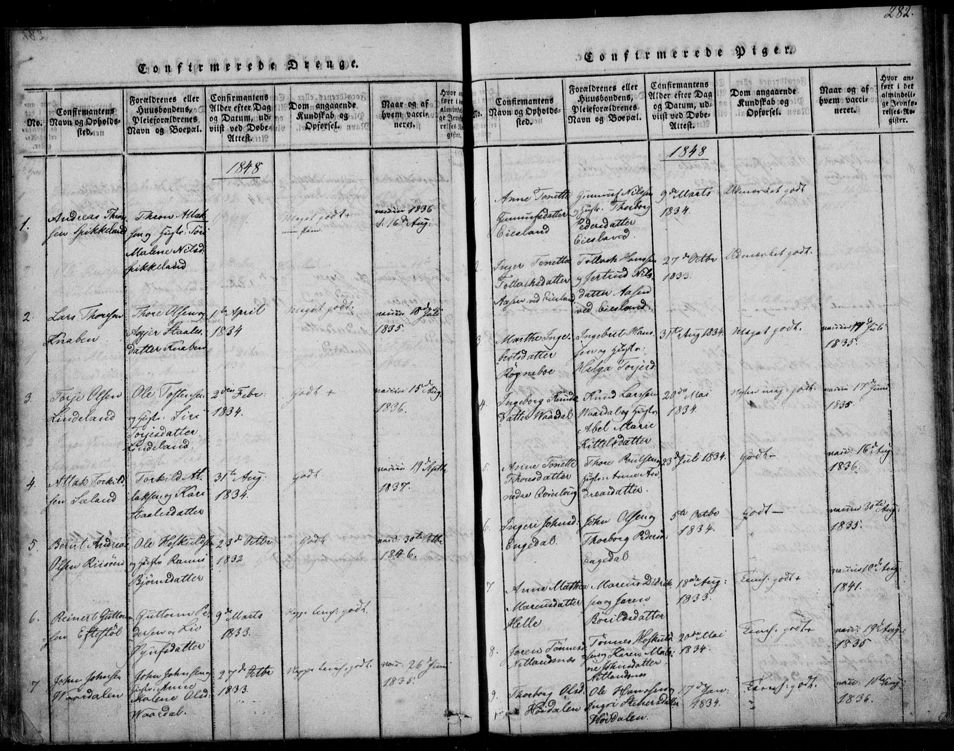 Fjotland sokneprestkontor, AV/SAK-1111-0010/F/Fb/L0001: Klokkerbok nr. B 1, 1816-1849, s. 282