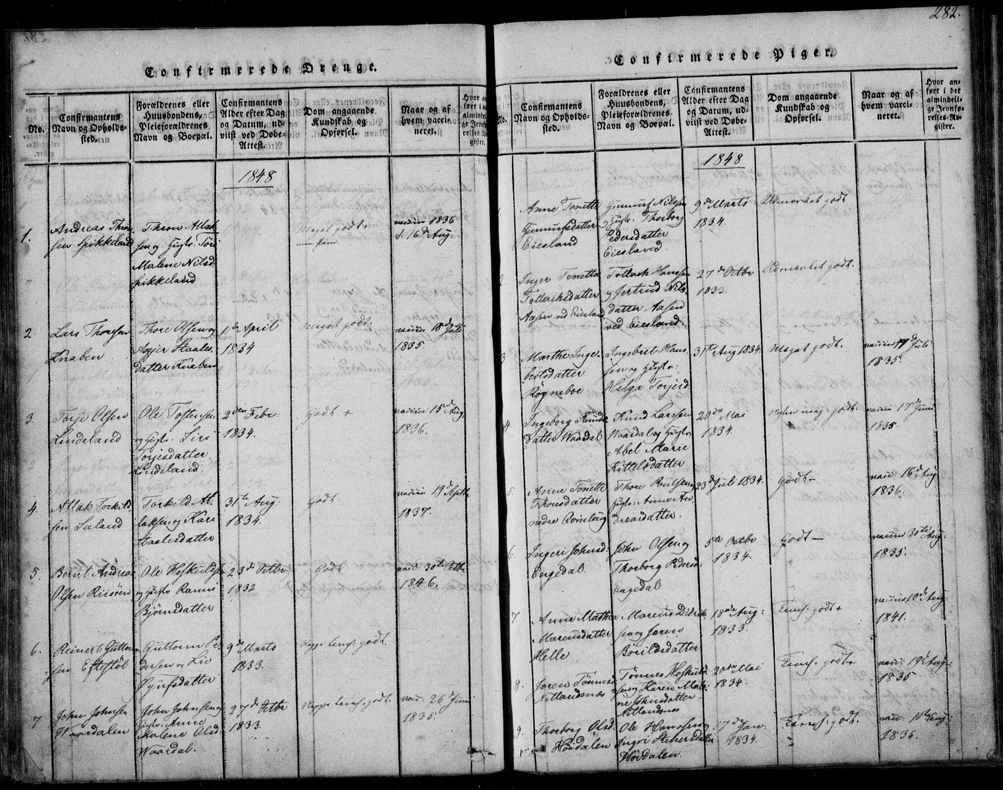 Fjotland sokneprestkontor, AV/SAK-1111-0010/F/Fb/L0001: Klokkerbok nr. B 1, 1816-1849, s. 282