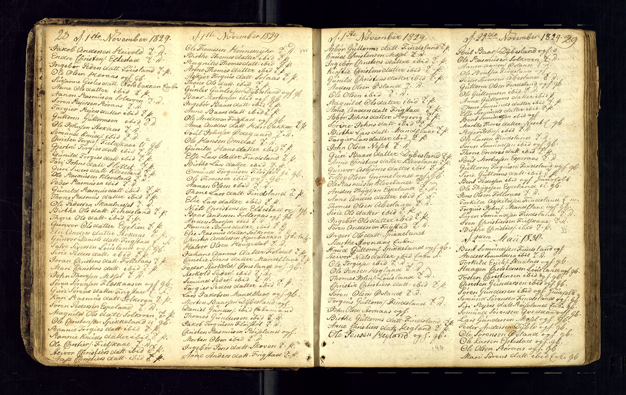 Bjelland sokneprestkontor, AV/SAK-1111-0005/F/Fc/Fcb/L0001: Kommunikantprotokoll nr. C-1, 1827-1906, s. 28-29