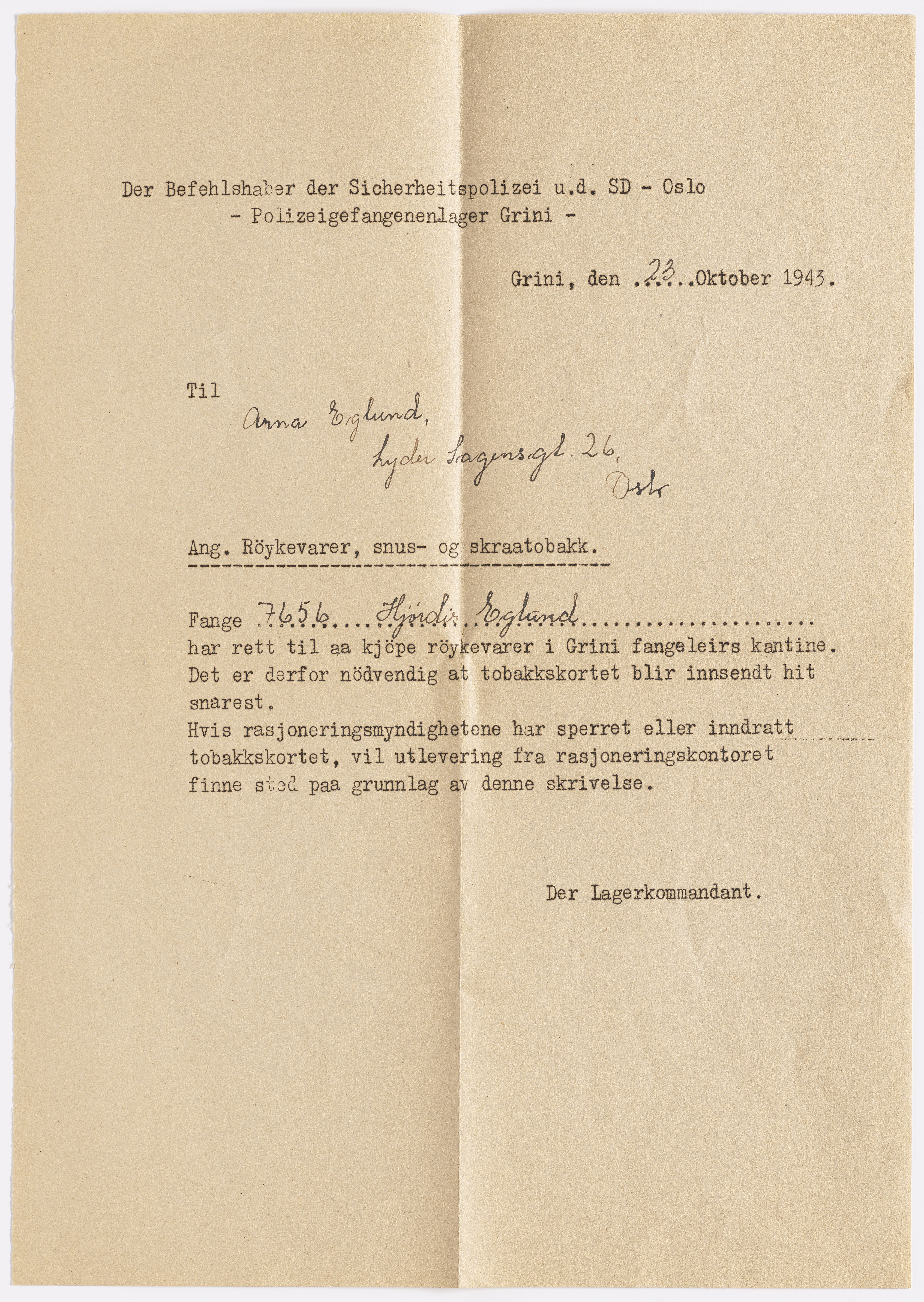 Hjørdis Helene Egelund, AFM/GRI-1003/D/Da/L0001/0004: Brev og dokumenter / Brev, 1943
