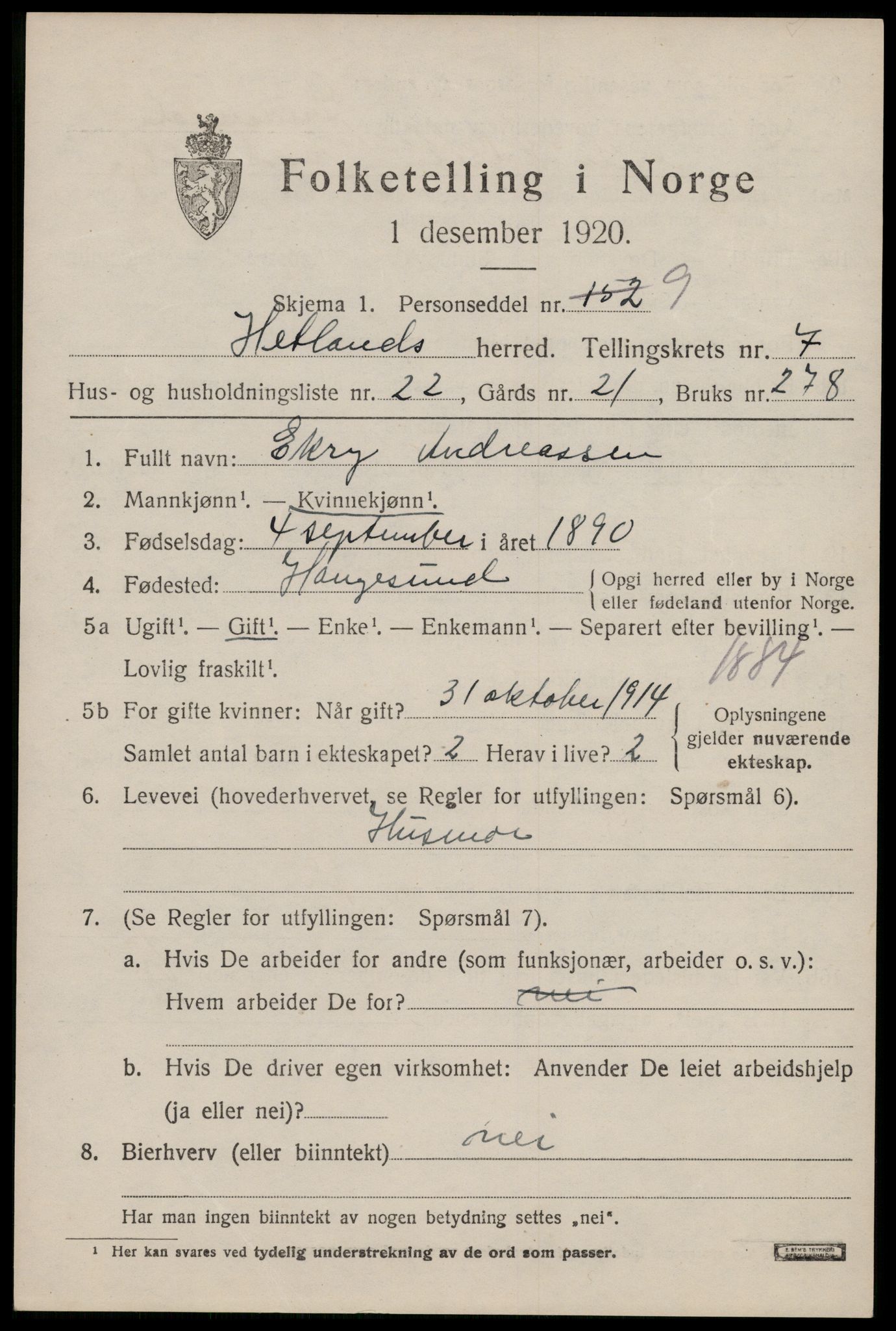 SAST, Folketelling 1920 for 1126 Hetland herred, 1920, s. 14189