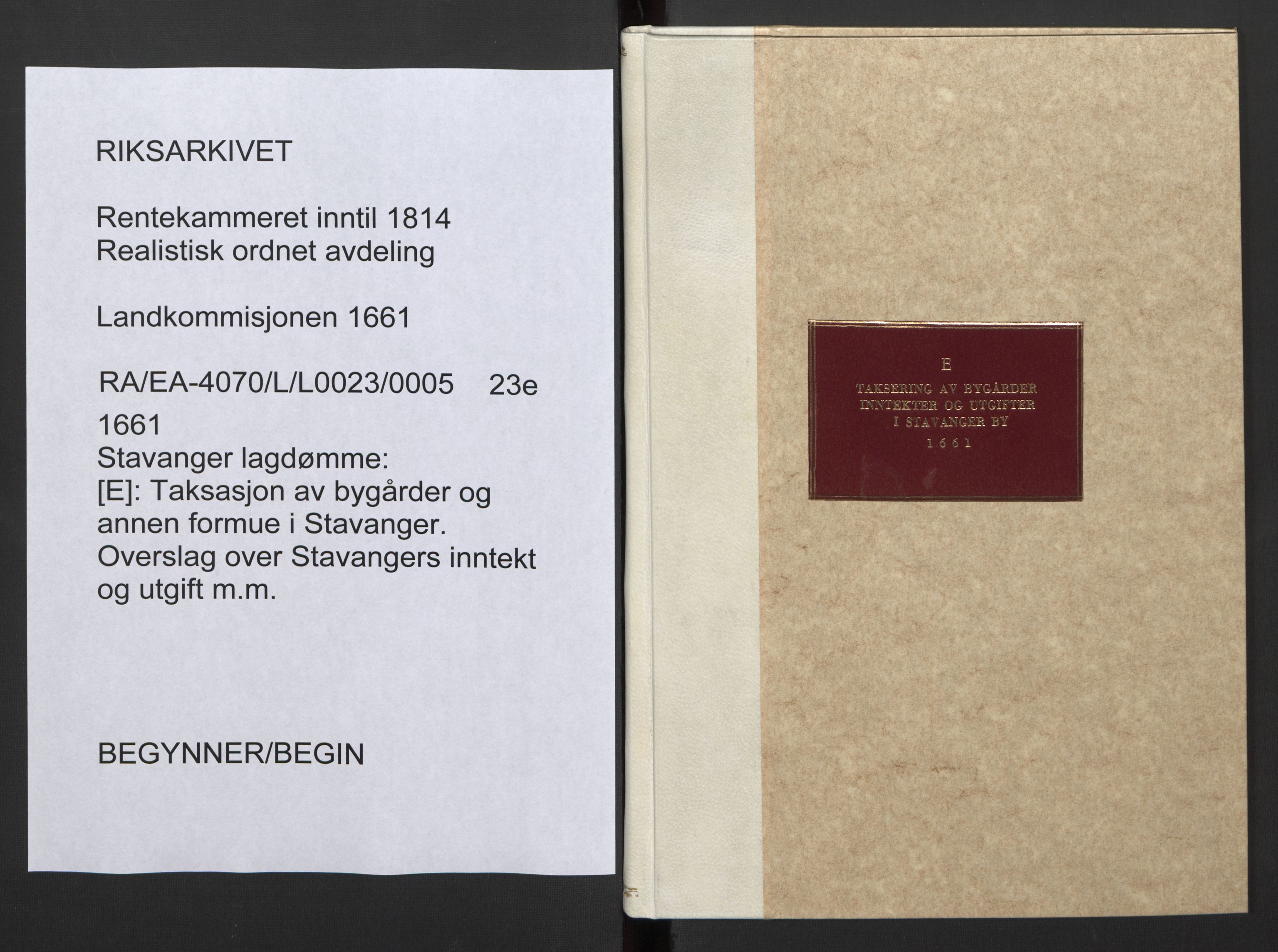 Rentekammeret inntil 1814, Realistisk ordnet avdeling, AV/RA-EA-4070/L/L0023/0005: Stavanger lagdømme: / [E]: Taksasjon av bygårder og annen formue i Stavanger.
Overslag over Stavangers inntekt og utgift m.m., 1661