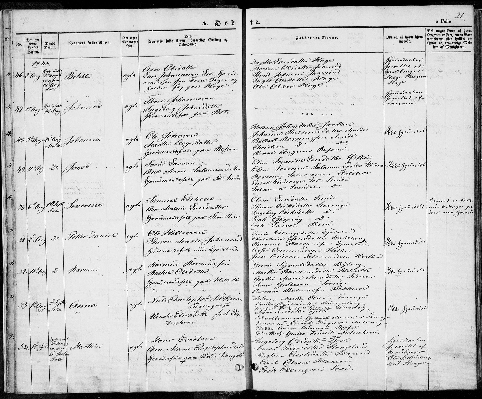 Håland sokneprestkontor, AV/SAST-A-101802/001/30BA/L0006: Ministerialbok nr. A 6, 1842-1853, s. 21