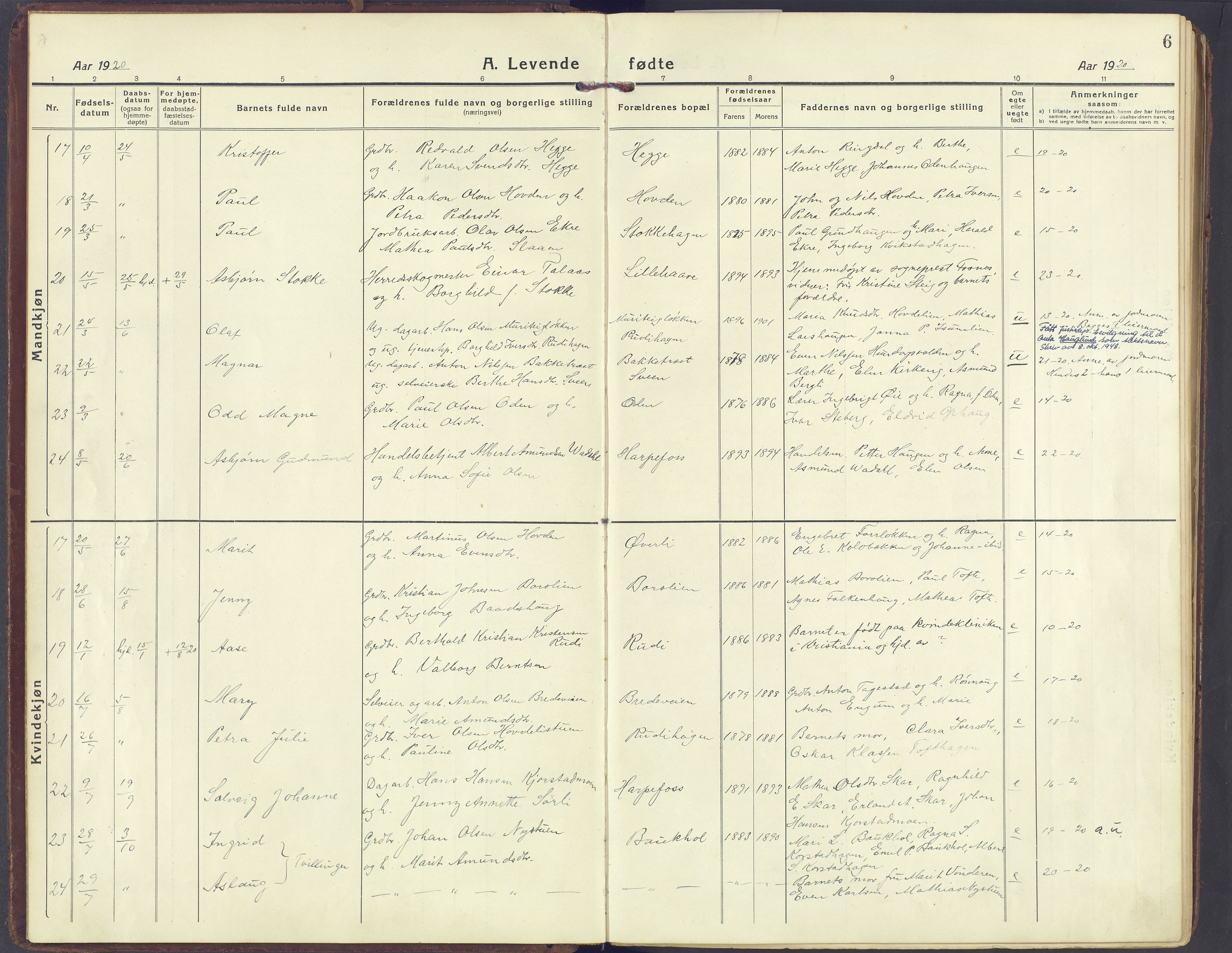 Sør-Fron prestekontor, AV/SAH-PREST-010/H/Ha/Haa/L0005: Ministerialbok nr. 5, 1920-1933, s. 6