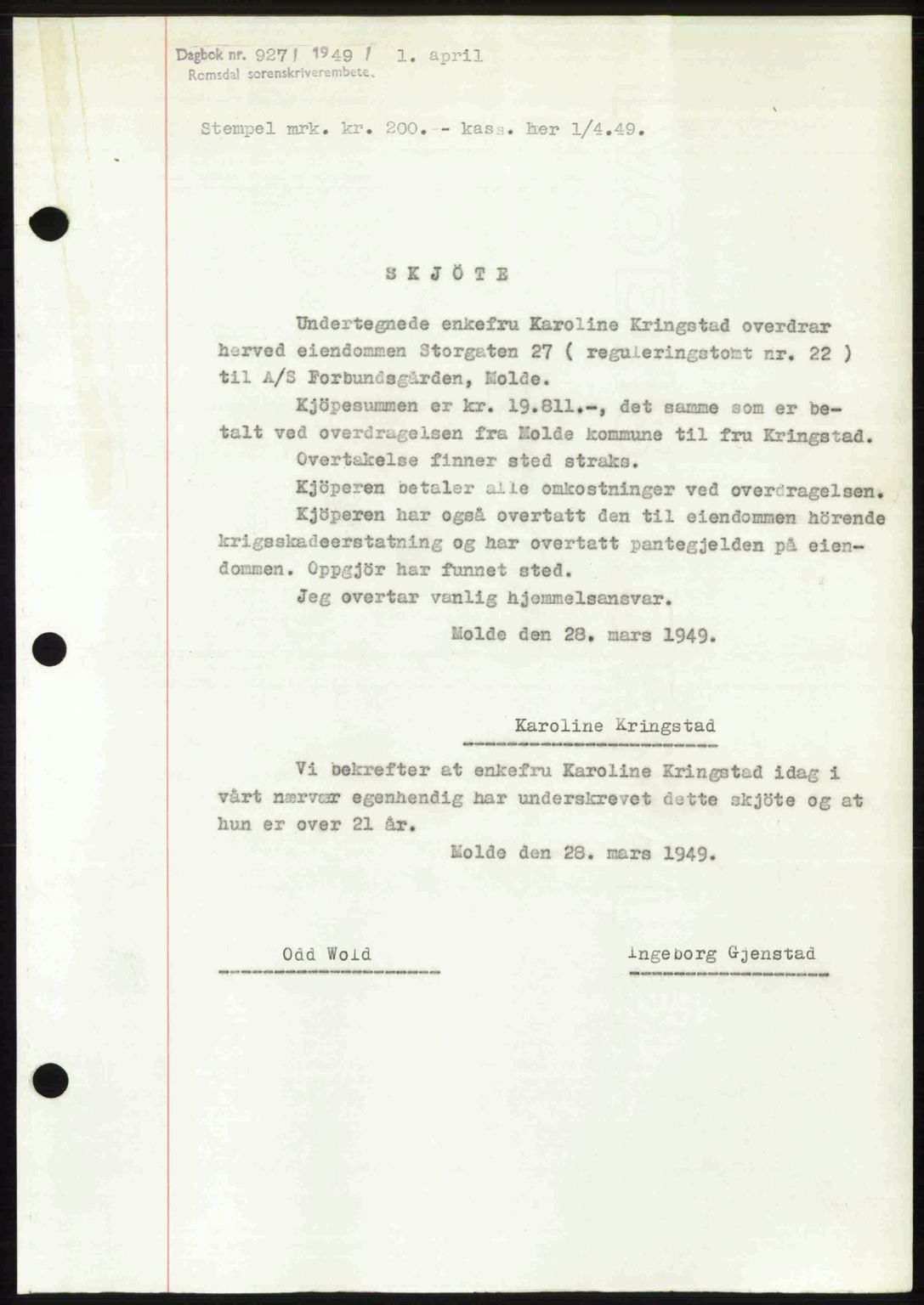 Romsdal sorenskriveri, SAT/A-4149/1/2/2C: Pantebok nr. A29, 1949-1949, Dagboknr: 927/1949
