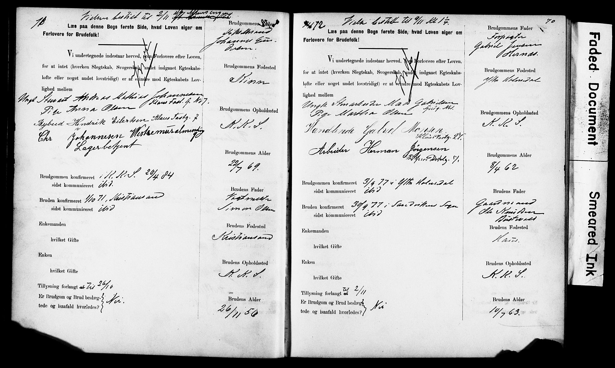 Korskirken sokneprestembete, AV/SAB-A-76101: Forlovererklæringer nr. II.5.6, 1889-1898, s. 70