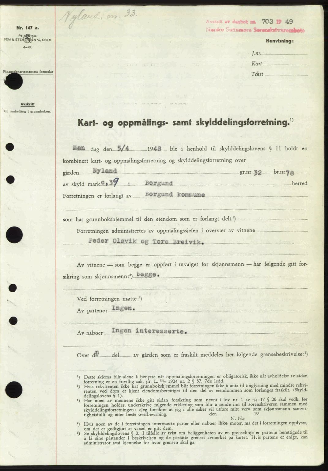 Nordre Sunnmøre sorenskriveri, SAT/A-0006/1/2/2C/2Ca: Pantebok nr. A30, 1949-1949, Dagboknr: 703/1949