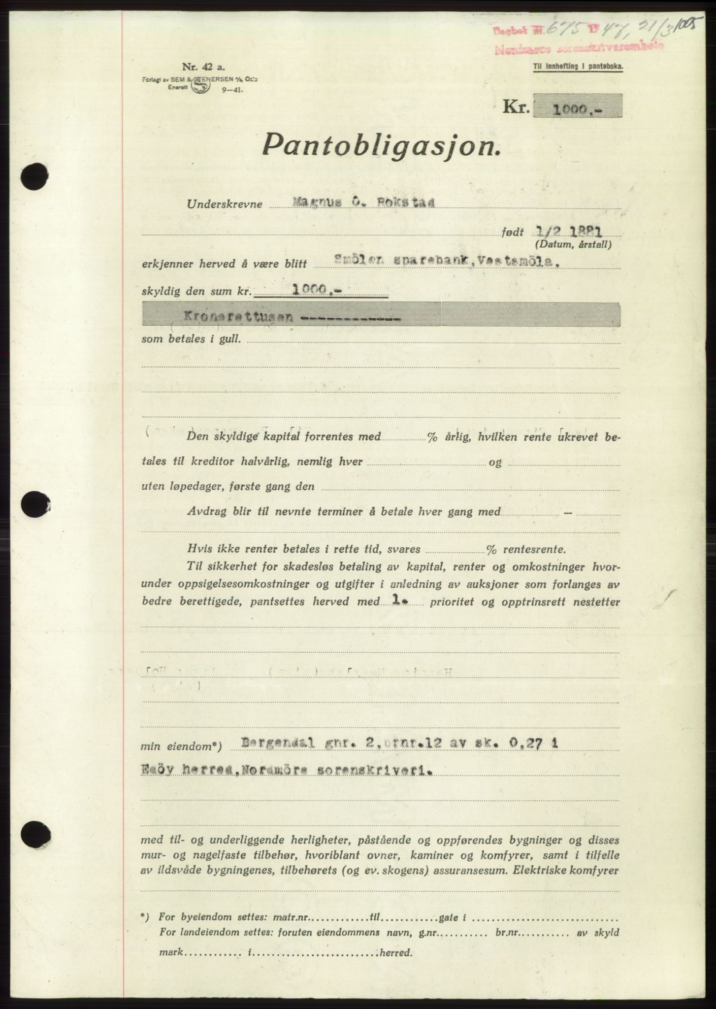 Nordmøre sorenskriveri, SAT/A-4132/1/2/2Ca: Pantebok nr. B95, 1946-1947, Dagboknr: 675/1947