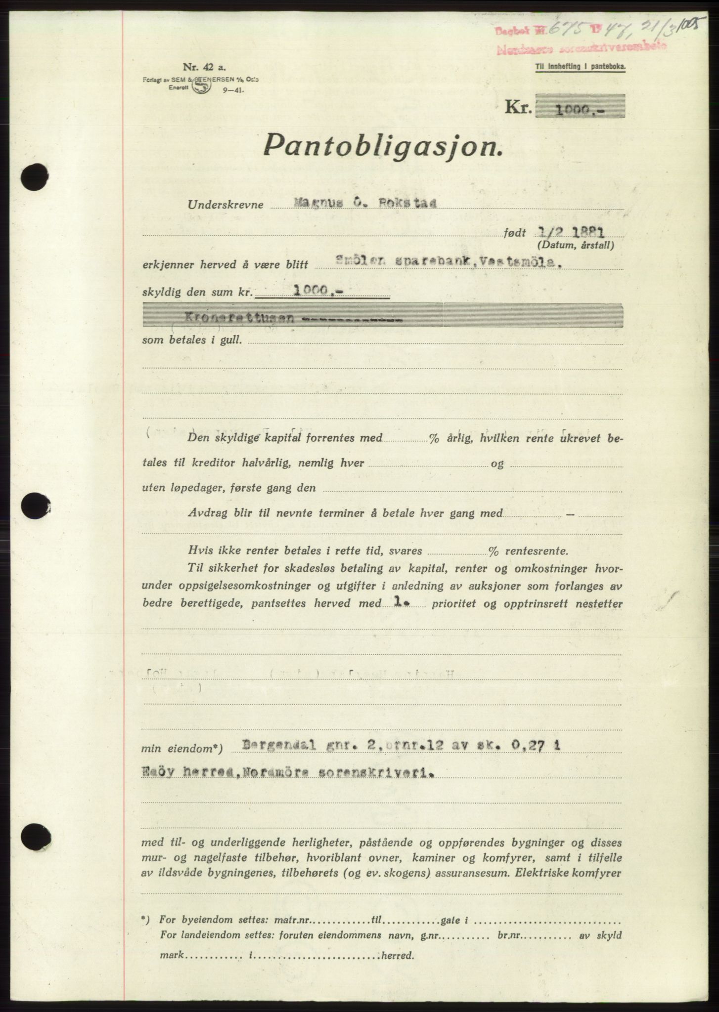 Nordmøre sorenskriveri, AV/SAT-A-4132/1/2/2Ca: Pantebok nr. B95, 1946-1947, Dagboknr: 675/1947