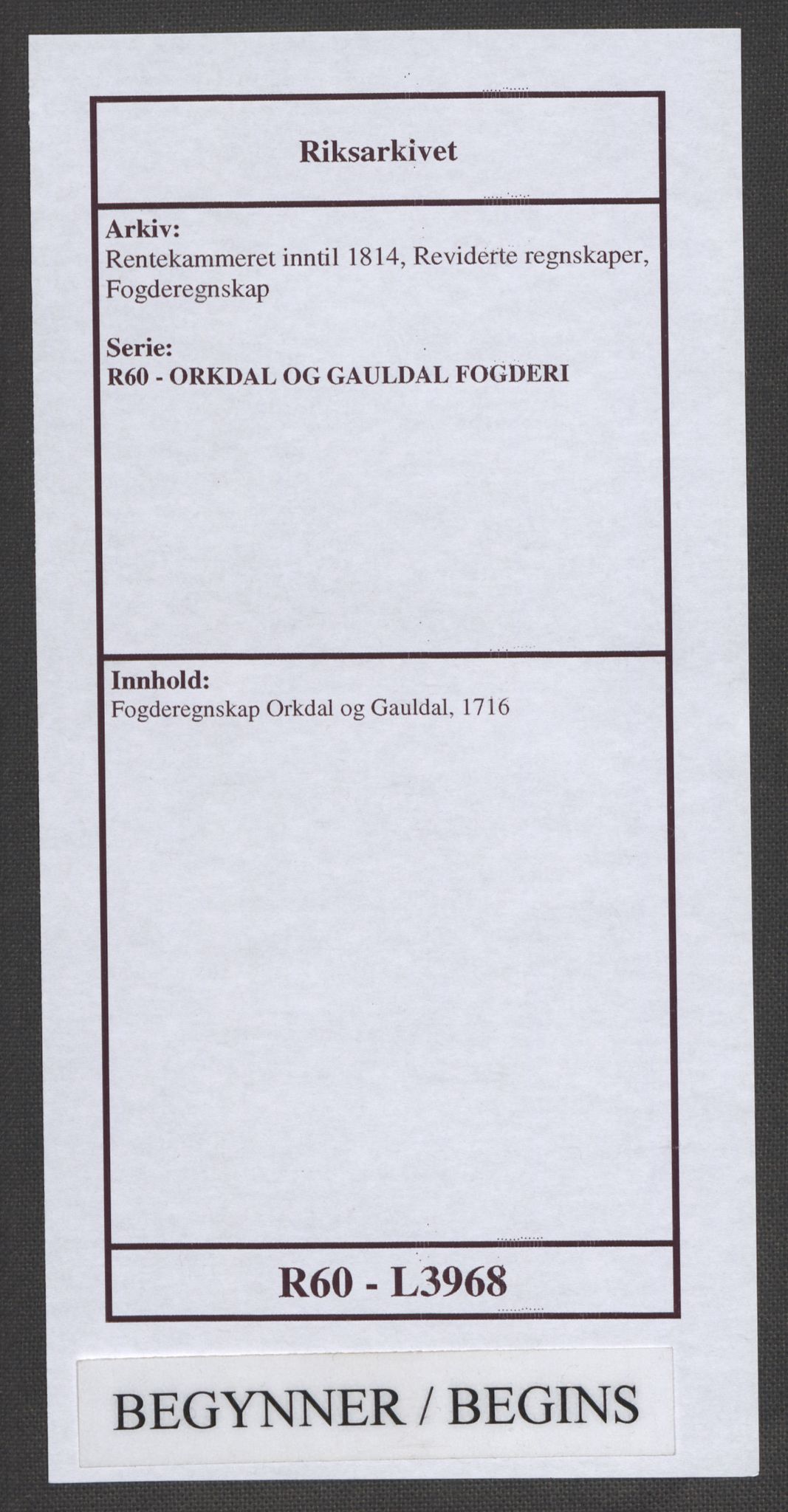 Rentekammeret inntil 1814, Reviderte regnskaper, Fogderegnskap, AV/RA-EA-4092/R60/L3968: Fogderegnskap Orkdal og Gauldal, 1716, s. 1