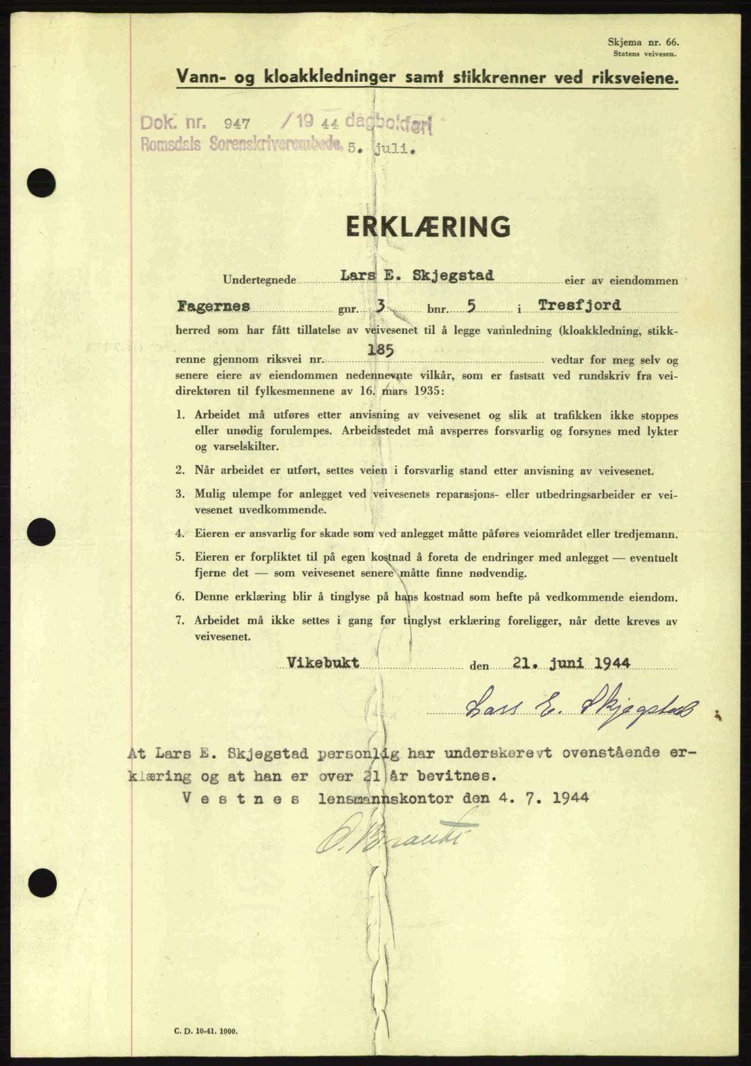 Romsdal sorenskriveri, SAT/A-4149/1/2/2C: Pantebok nr. B2, 1939-1945, Dagboknr: 947/1944