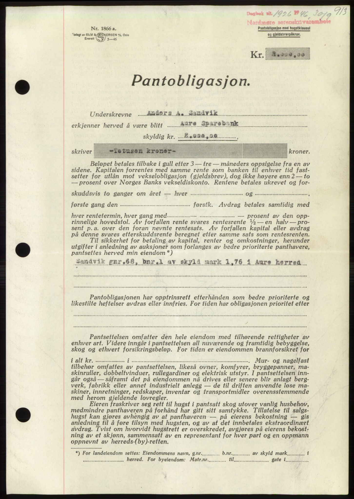 Nordmøre sorenskriveri, SAT/A-4132/1/2/2Ca: Pantebok nr. B94, 1946-1946, Dagboknr: 1926/1946