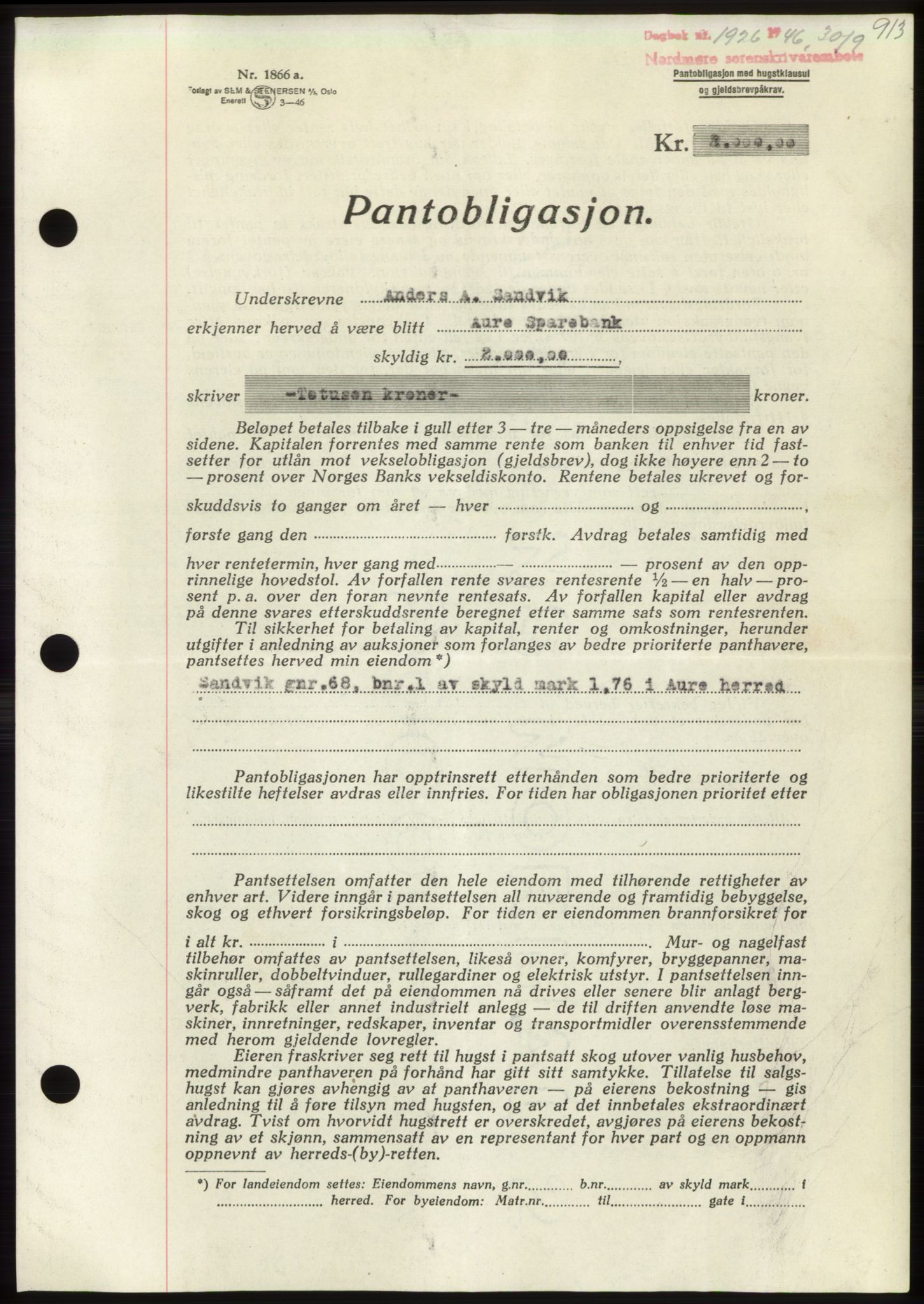 Nordmøre sorenskriveri, AV/SAT-A-4132/1/2/2Ca: Pantebok nr. B94, 1946-1946, Dagboknr: 1926/1946