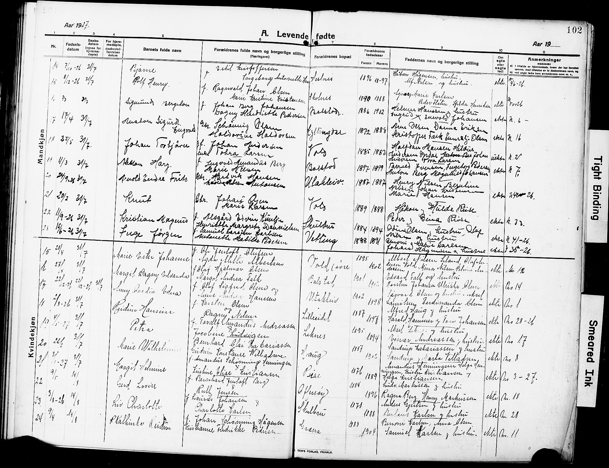 Ministerialprotokoller, klokkerbøker og fødselsregistre - Nordland, AV/SAT-A-1459/881/L1169: Klokkerbok nr. 881C06, 1912-1930, s. 102