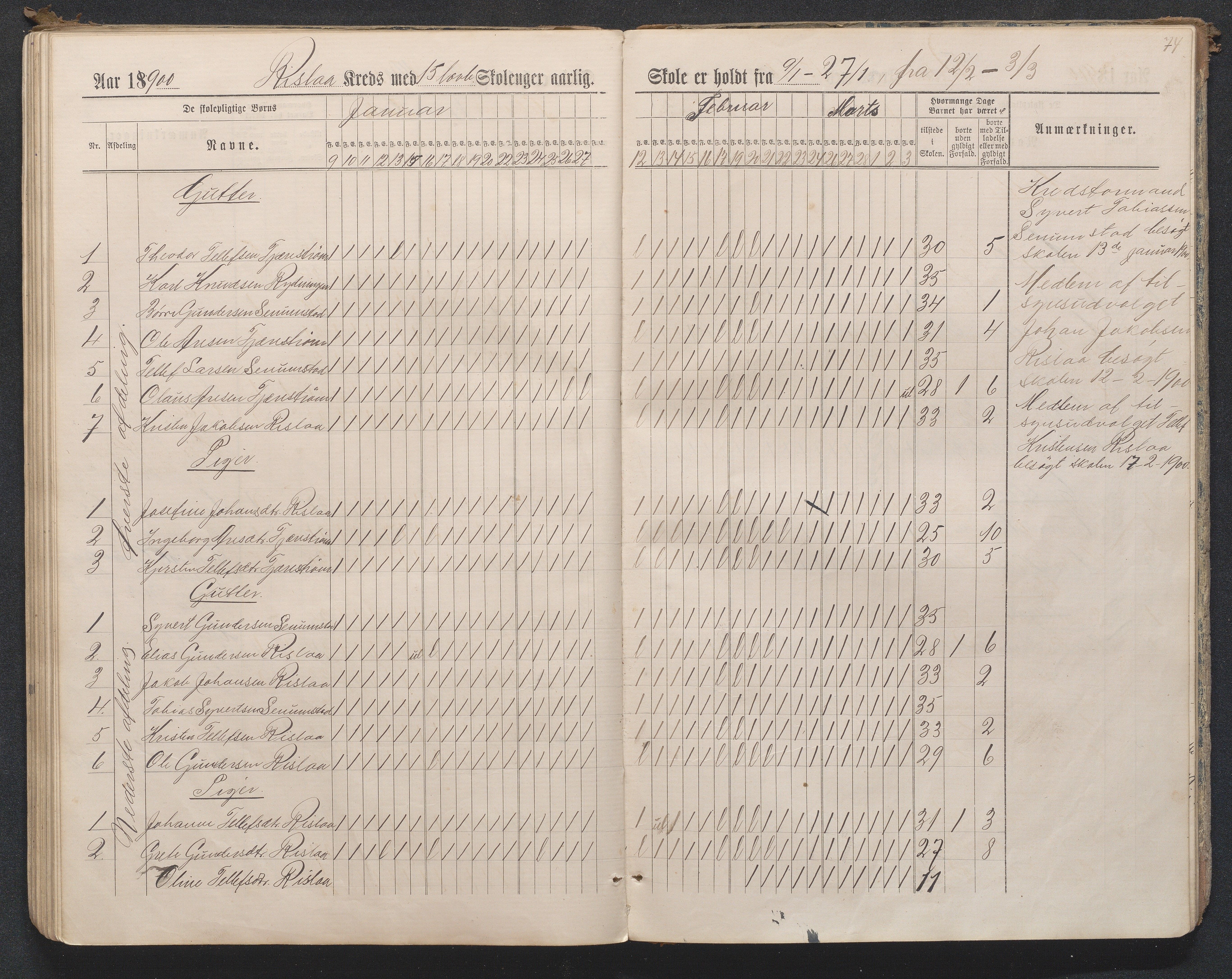 Birkenes kommune, Flå, Senumstad og Rislå skolekretser frem til 1991, AAMA/KA0928-550b_91/F02/L0001: Dagbok for Flå og Rislå, 1886-1900, s. 74