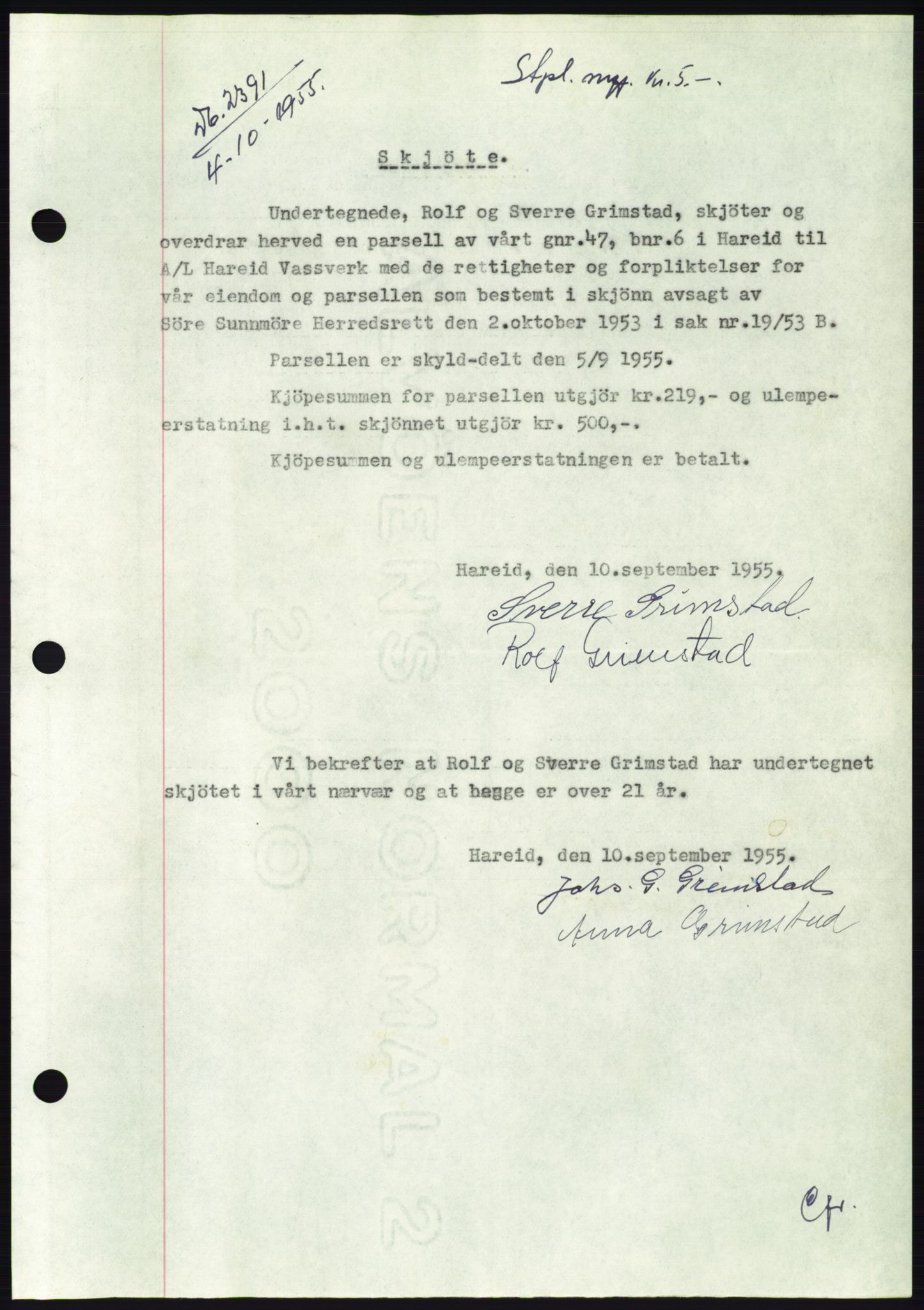 Søre Sunnmøre sorenskriveri, AV/SAT-A-4122/1/2/2C/L0102: Pantebok nr. 28A, 1955-1956, Dagboknr: 2391/1955