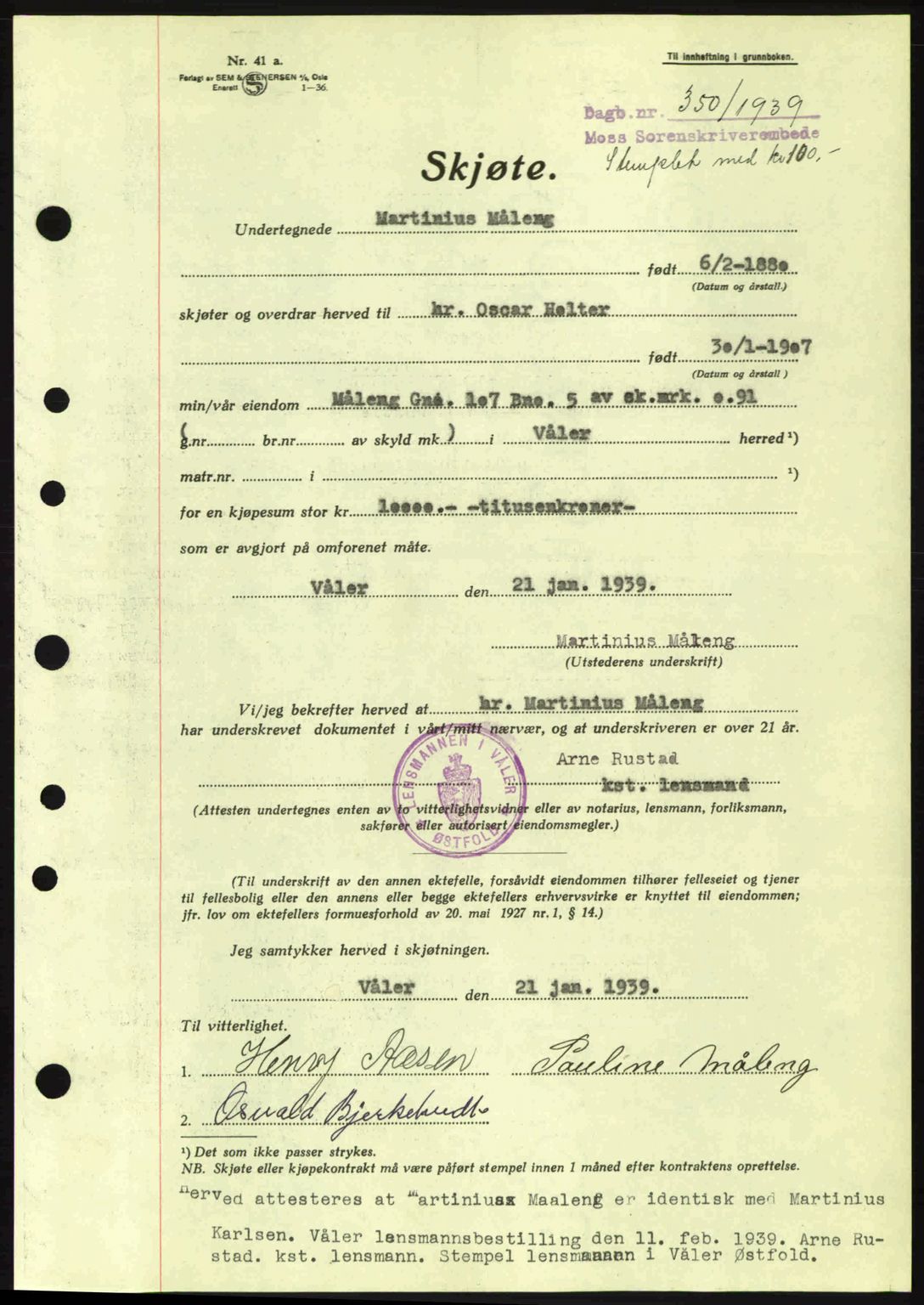 Moss sorenskriveri, SAO/A-10168: Pantebok nr. A5, 1938-1939, Dagboknr: 342/1939