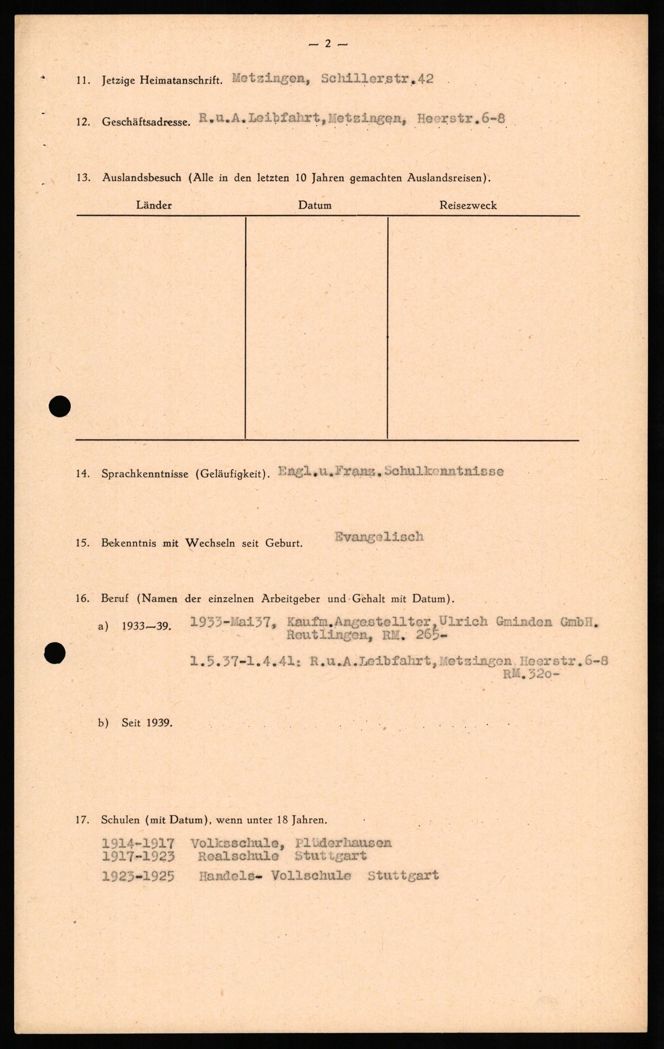 Forsvaret, Forsvarets overkommando II, RA/RAFA-3915/D/Db/L0029: CI Questionaires. Tyske okkupasjonsstyrker i Norge. Tyskere., 1945-1946, s. 327
