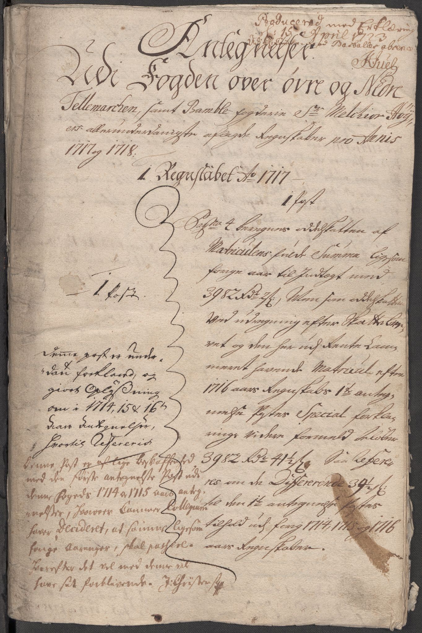 Rentekammeret inntil 1814, Reviderte regnskaper, Fogderegnskap, AV/RA-EA-4092/R36/L2131: Fogderegnskap Øvre og Nedre Telemark og Bamble, 1718, s. 3