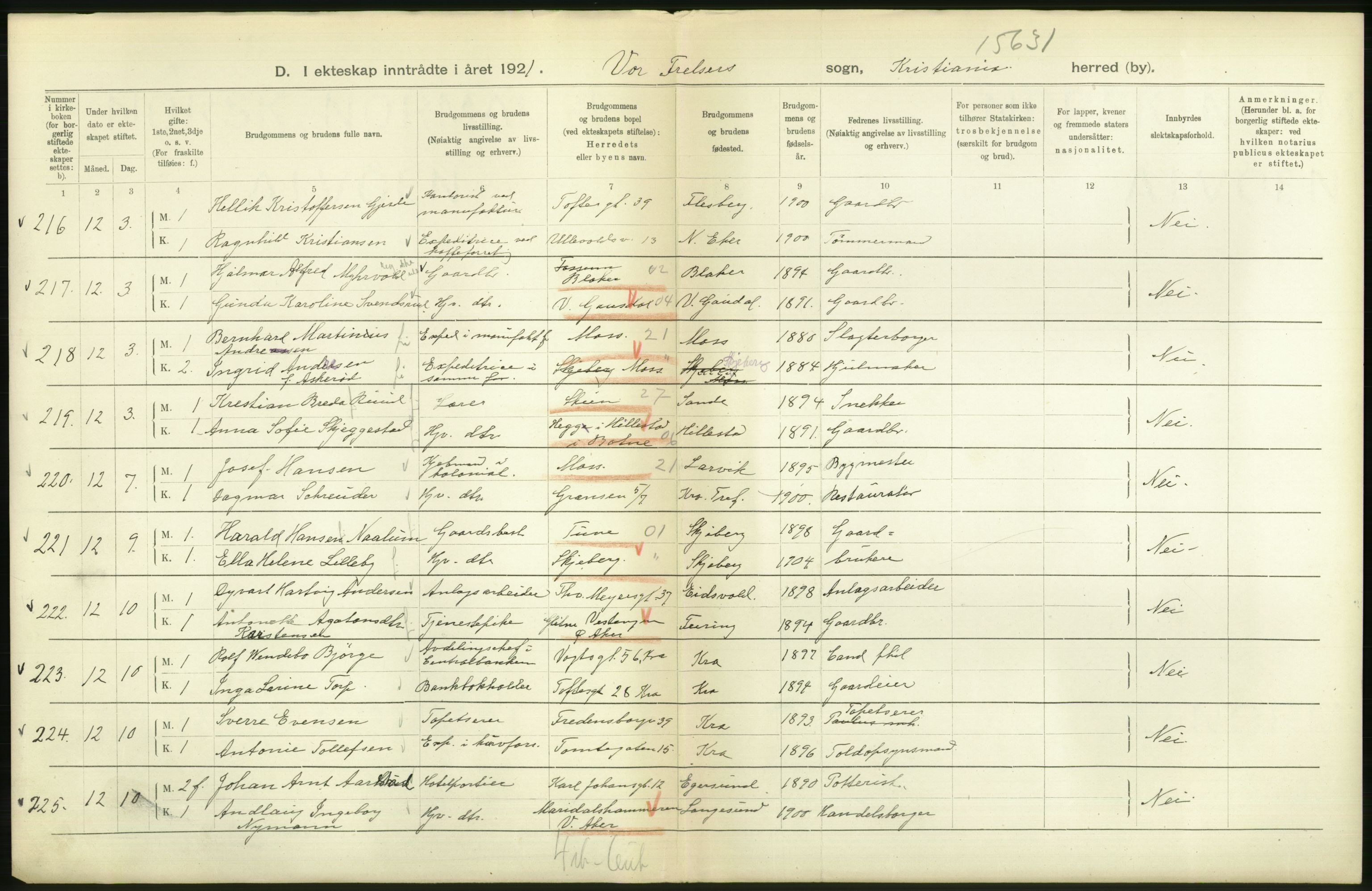 Statistisk sentralbyrå, Sosiodemografiske emner, Befolkning, AV/RA-S-2228/D/Df/Dfc/Dfca/L0011: Kristiania: Gifte, 1921, s. 142