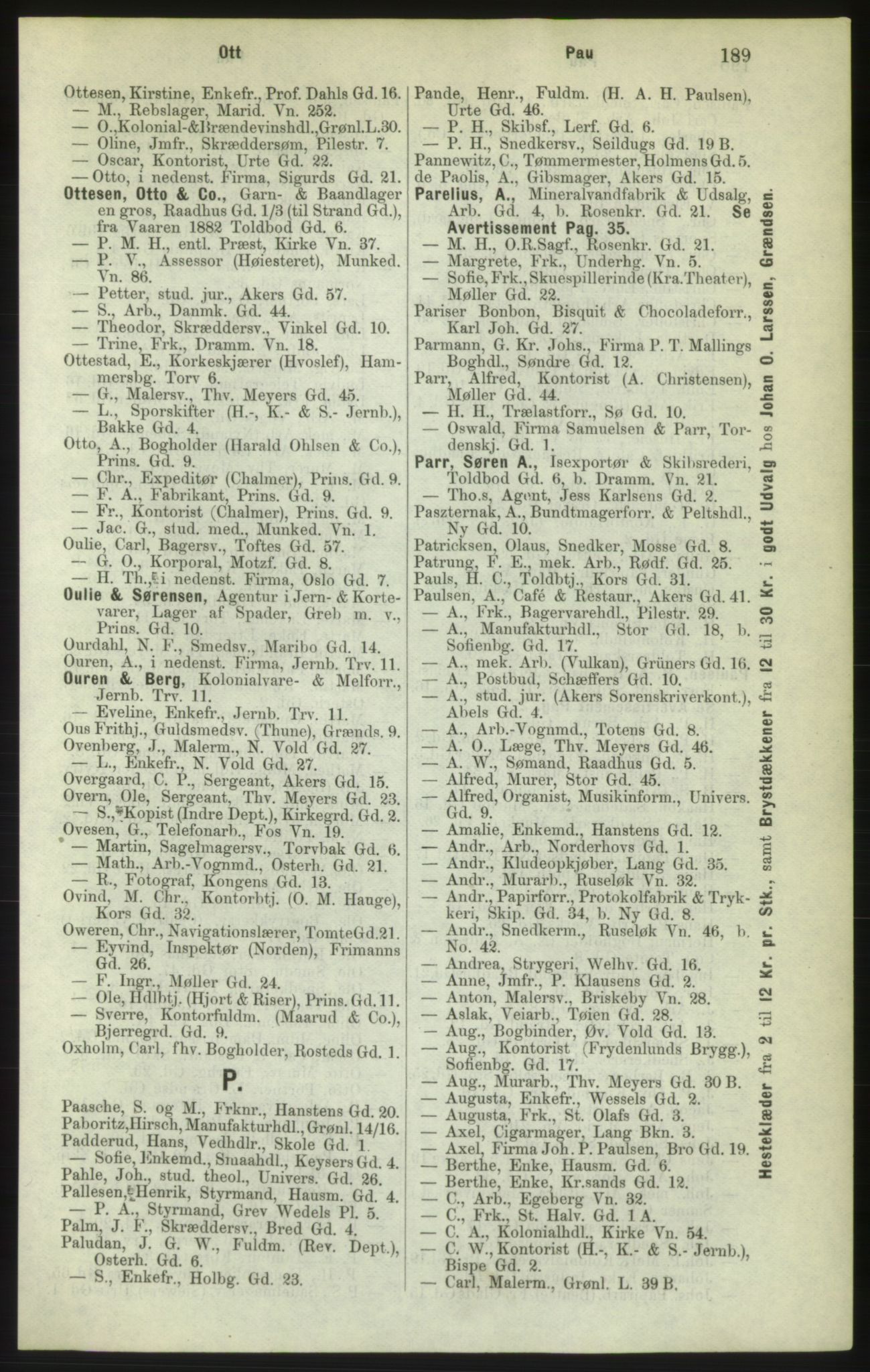 Kristiania/Oslo adressebok, PUBL/-, 1882, s. 189